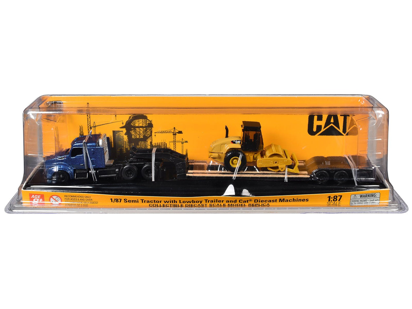 Kenworth T880 Tractor Blue Metallic with Lowboy Trailer and CAT Padfoot Roller Yellow 1/87 (HO) Diecast Model by Diecast Masters free shipping USA