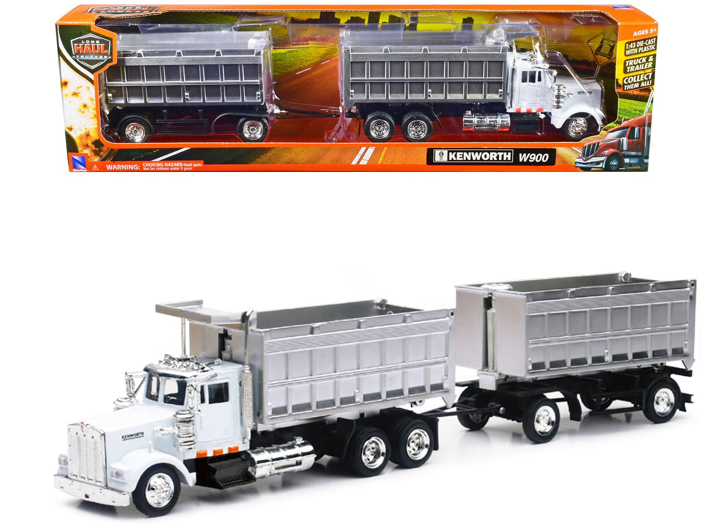 Kenworth W900 Dump Truck with Twin Dump Body White and Chrome "Long Haul Trucker" Series 1/43 Diecast Model by New Ray free shipping USA