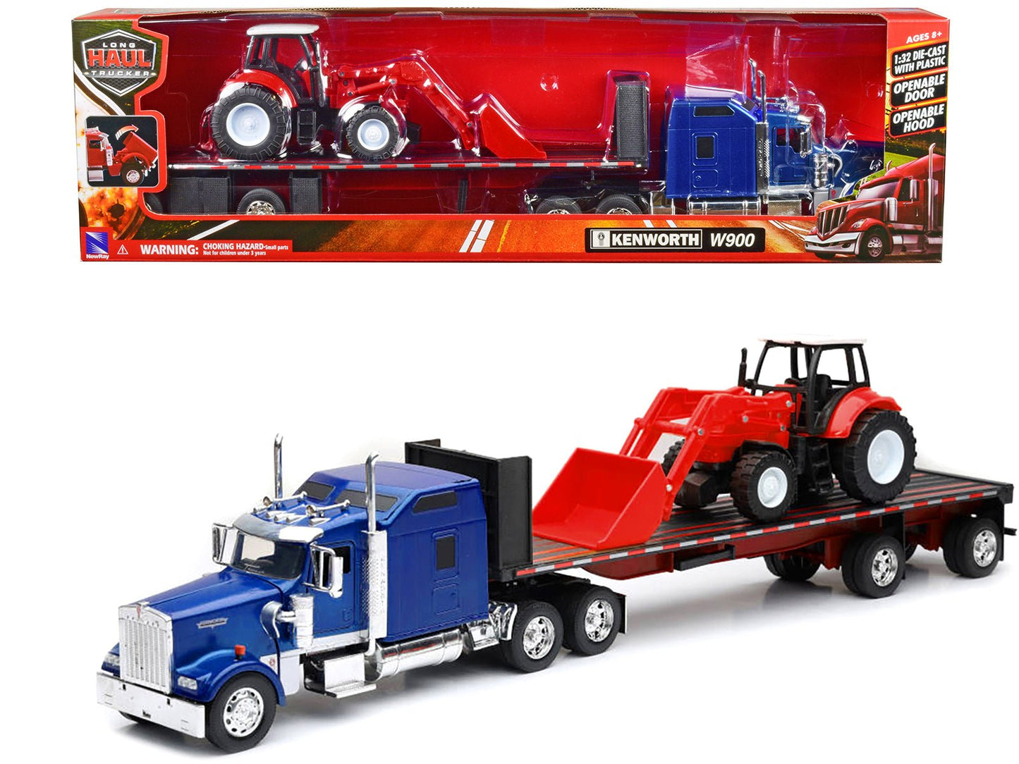 Kenworth W900 Truck with Flatbed Trailer Blue Metallic with Farm Tractor Red "Long Haul Truckers" Series 1/32 Diecast Model by New Ray free shipping USA