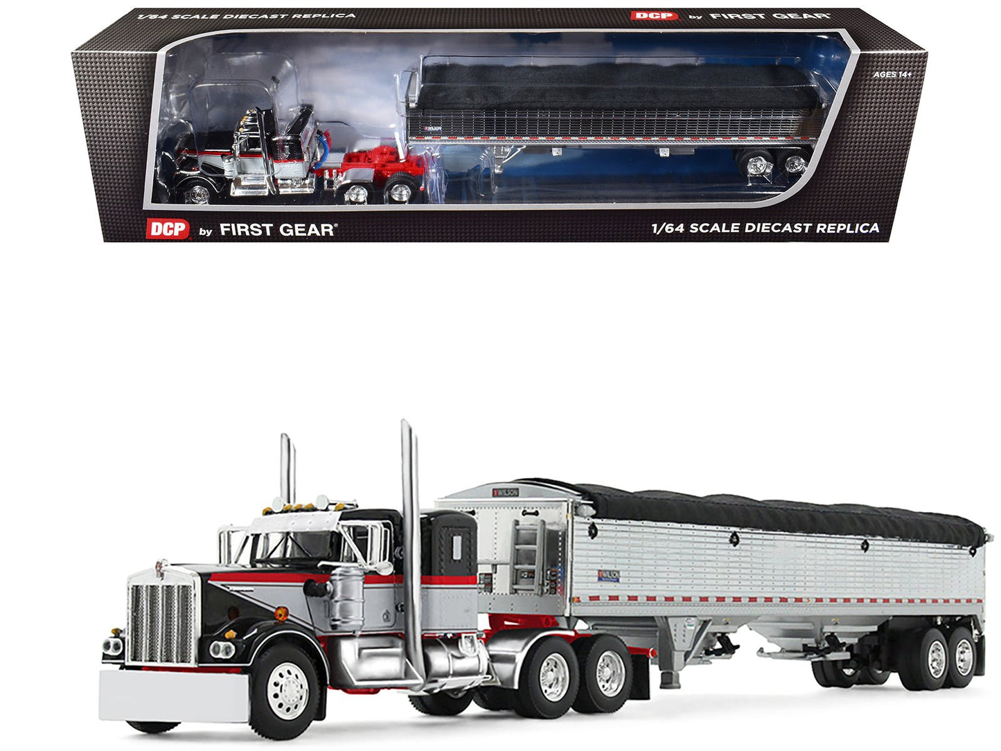 Kenworth W900A with 36" Sleeper and 43' Wilson Pacesetter Grain Trailer Black and Gray with Viper Red Stripes 1/64 Diecast Model by DCP/First Gear free shipping USA
