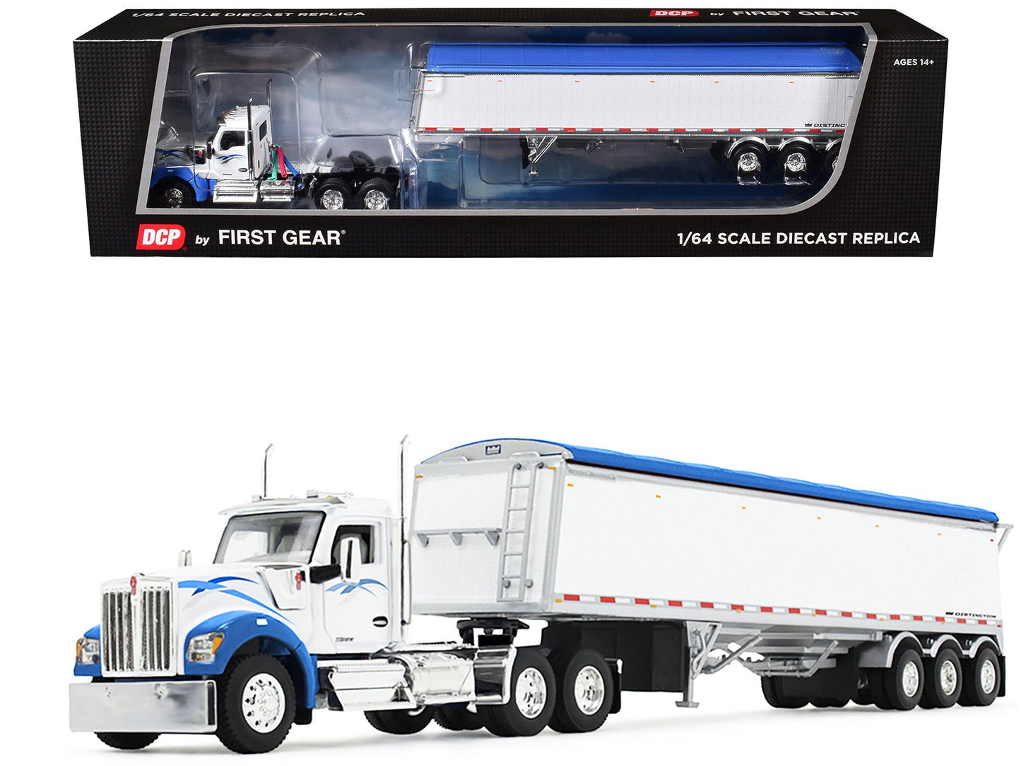 Kenworth W990 Day Cab and Lode King Distinction Hopper Trailer White and Blue 1/64 Diecast Model by DCP/First Gear free shipping USA