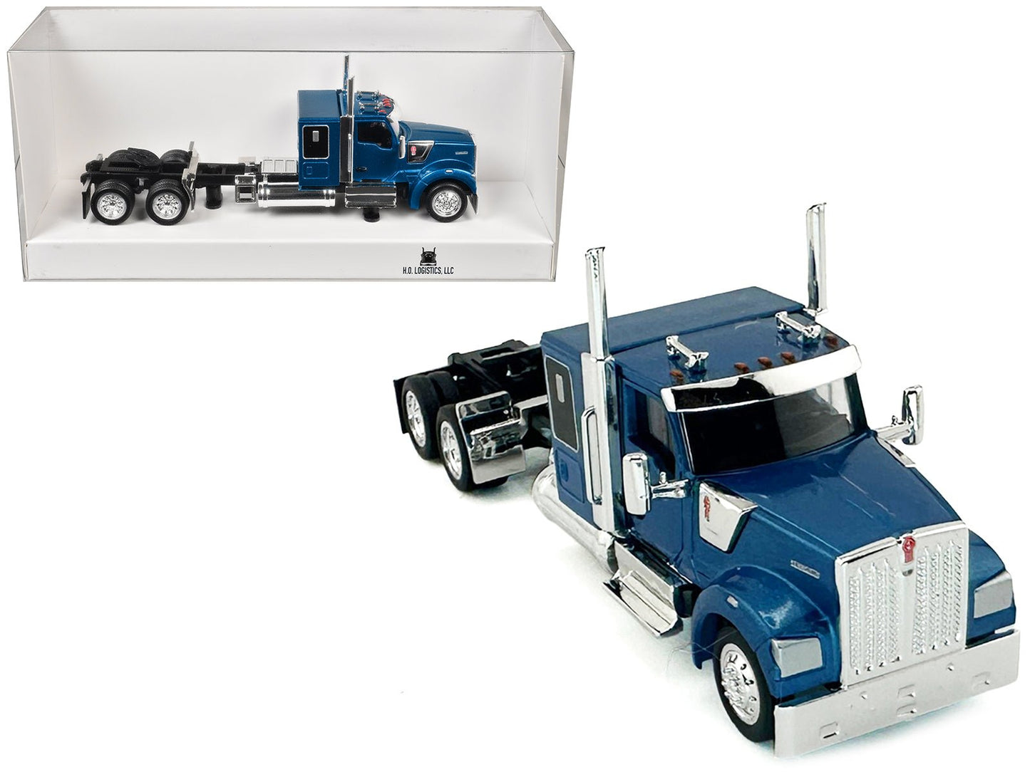 Kenworth W990 with Flat Top Sleeper Cab Blue Metallic 1/87 (HO) Plastic Model Car by HO Logistics free shipping USA