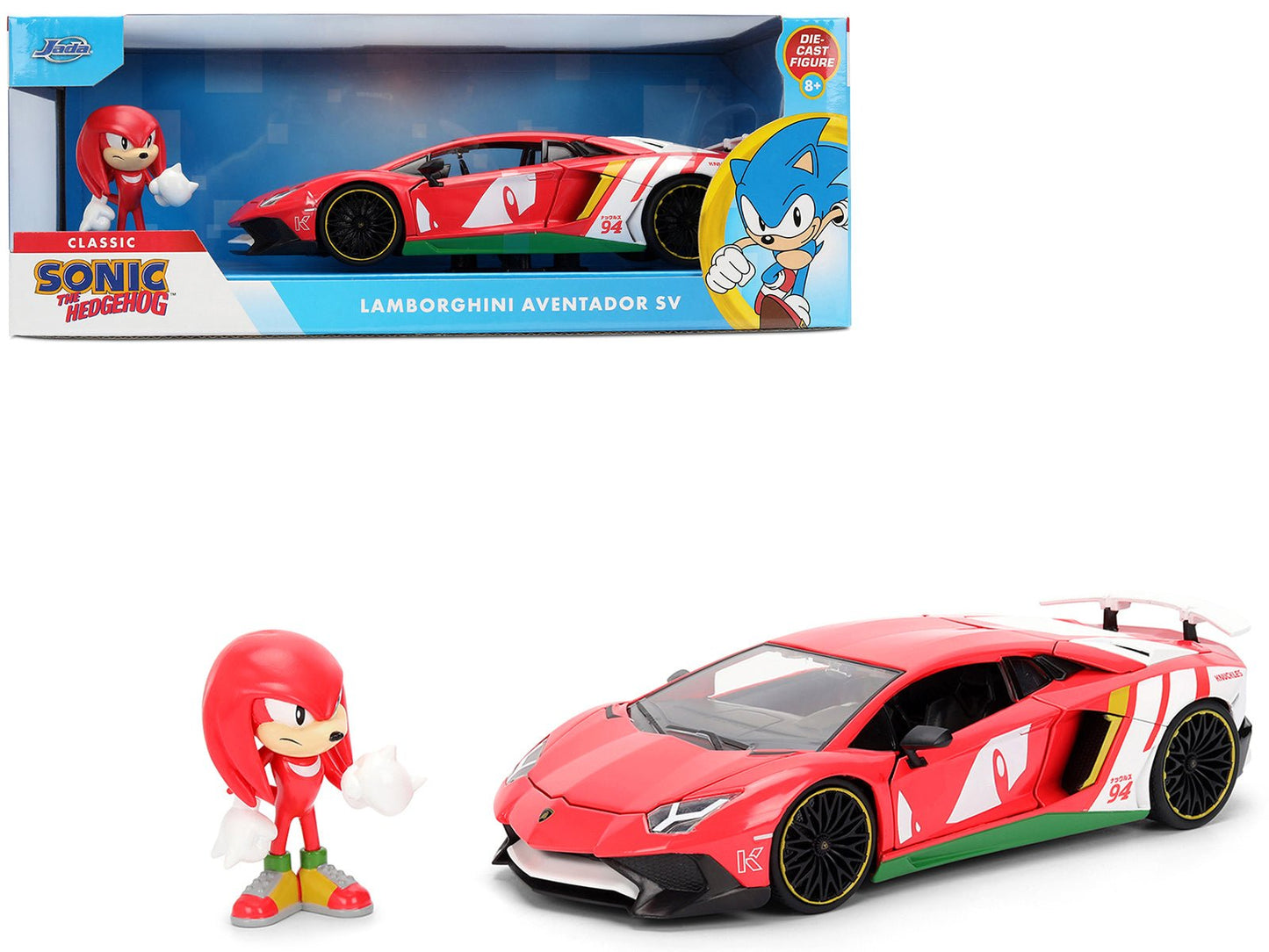 Lamborghini Aventador SV Red with Graphics and Knuckles Diecast Figure "Sonic The Hedgehog" Franchise "Hollywood Rides" Series 1/24 Diecast Model by Jada free shipping USA