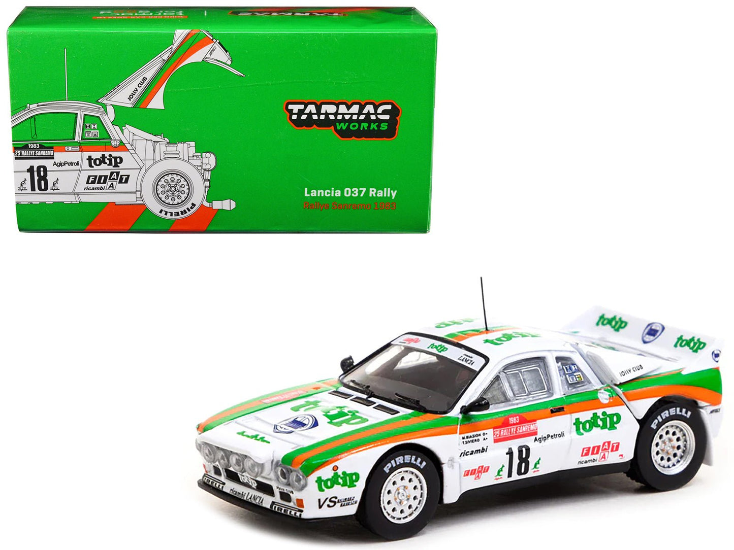 Lancia 037 Rally #18 Miki Biasion - Tiziano Siviero "Rallye Sanremo" (1983) "Hobby64" Series 1/64 Diecast Model Car by Tarmac Works free shipping USA
