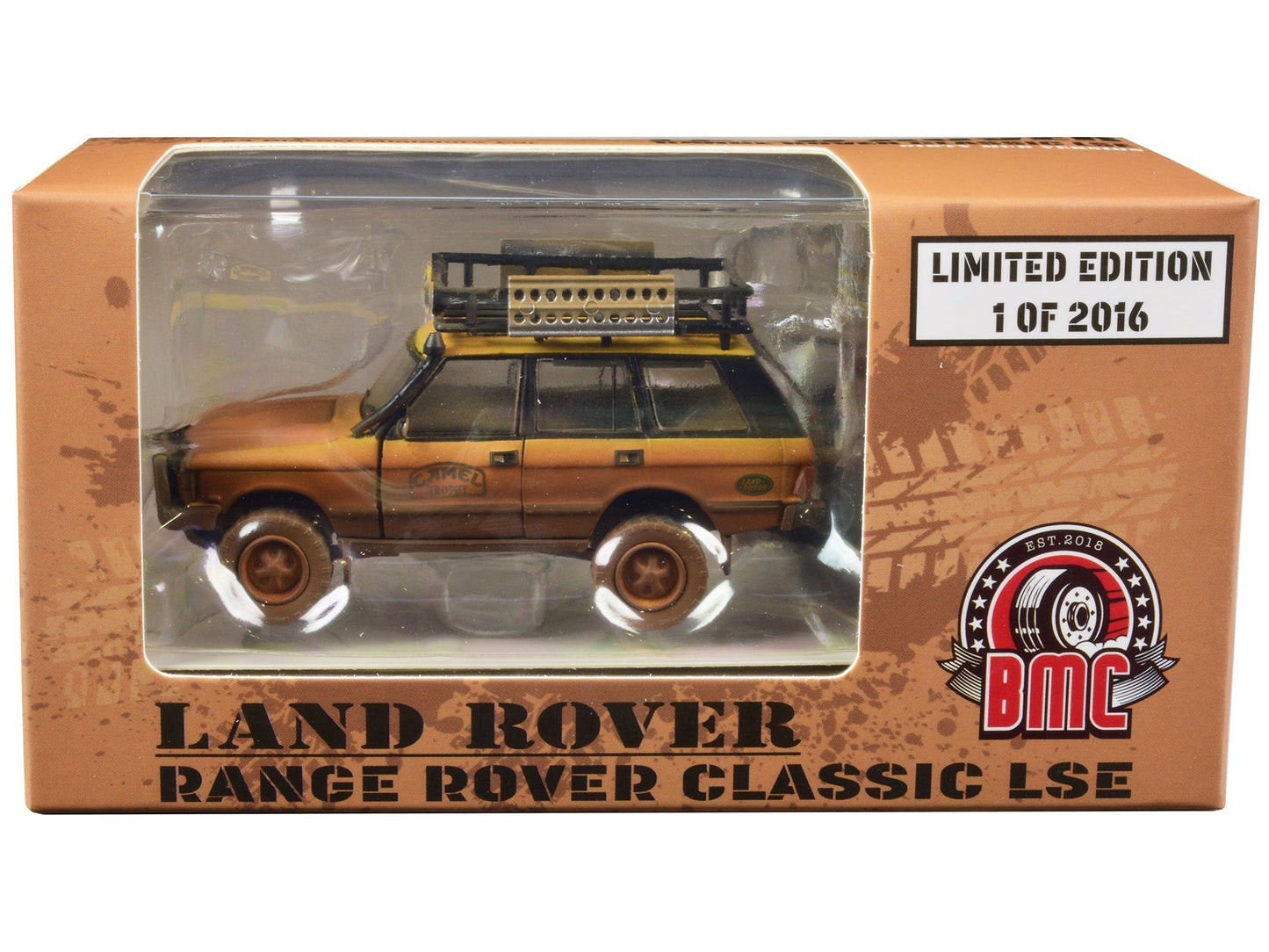 Land Rover Range Rover Classic LSE RHD (Right Hand Drive) "Camel Trophy" Yellow (Dirty Mud Version) with Roof Rack Extra Wheels and Accessories Limited Edition to 2016 pieces Worldwide 1/64 Diecast Model Car by BM Creations free shipping USA
