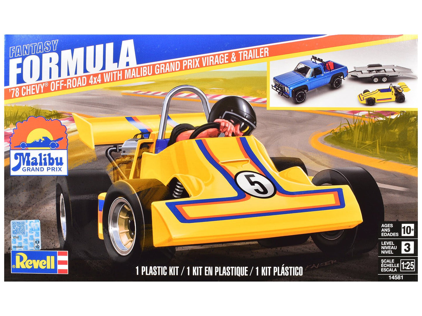 Level 3 Model Kit 1978 Chevrolet Off-Road 4x4 Pickup Truck and "Malibu Grand Prix" Virage with Trailer "Fantasy Formula" 1/25 Scale Model by Revell free shipping USA