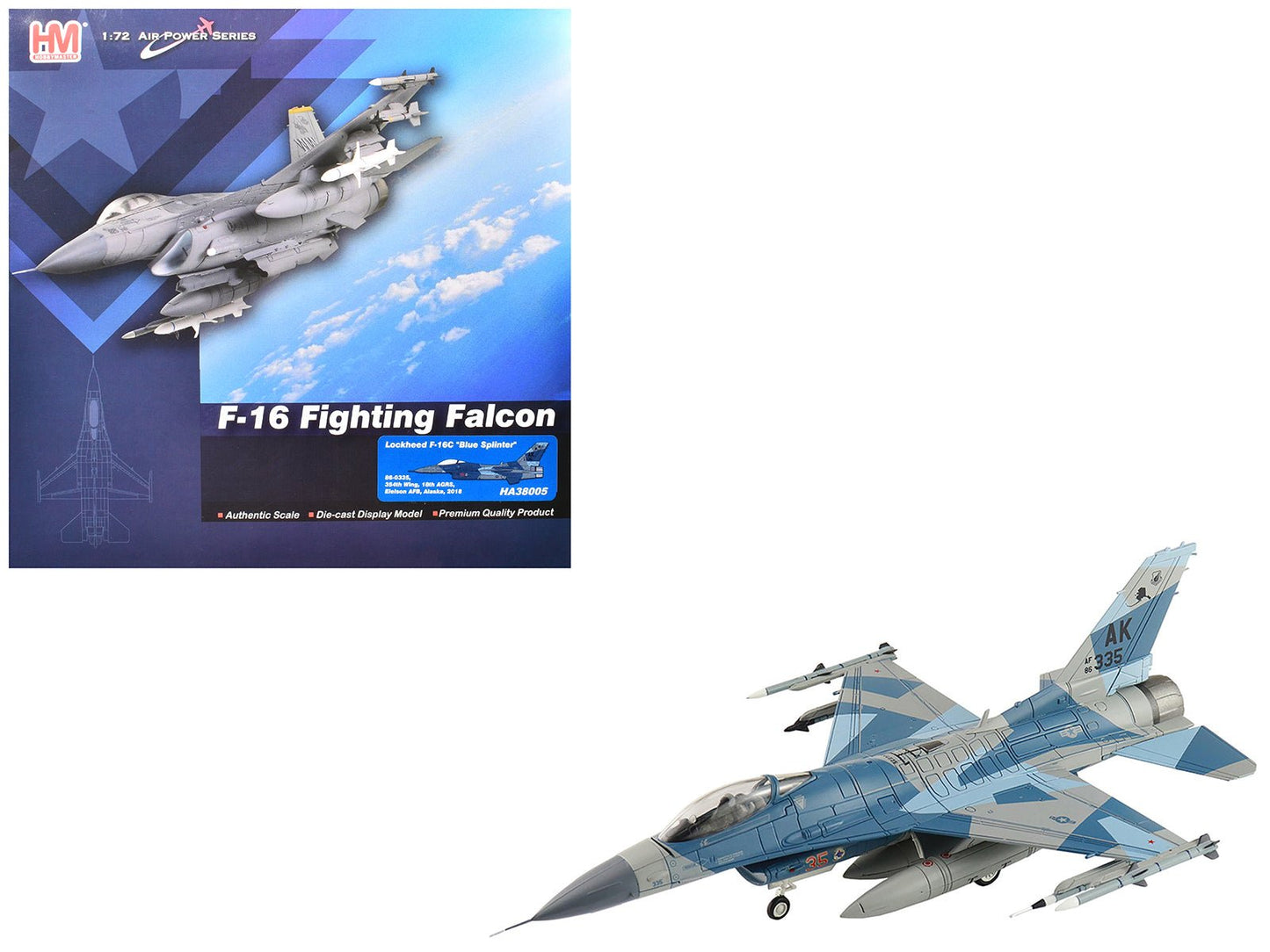 Lockheed F-16C Fighting Falcon Fighter Aircraft "86-0335 Blue Splinter 354th Wing 18th AGRS Eielson AFB" (2018) United States Air Force "Air Power Series" 1/72 Diecast Model by Hobby Master free shipping USA