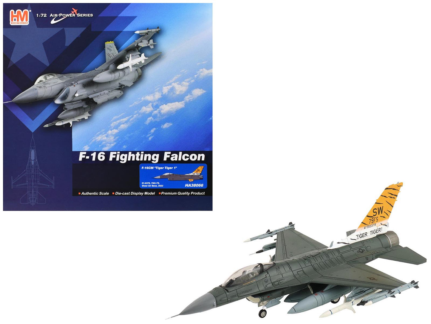 Lockheed F-16CM Fighting Falcon Fighter Aircraft "91-0379 Tiger Tiger 1 79th Fighter Squadron Shaw Air Force Base" (2023) United States Air Force "Air Power Series" 1/72 Diecast Model by Hobby Master free shipping USA