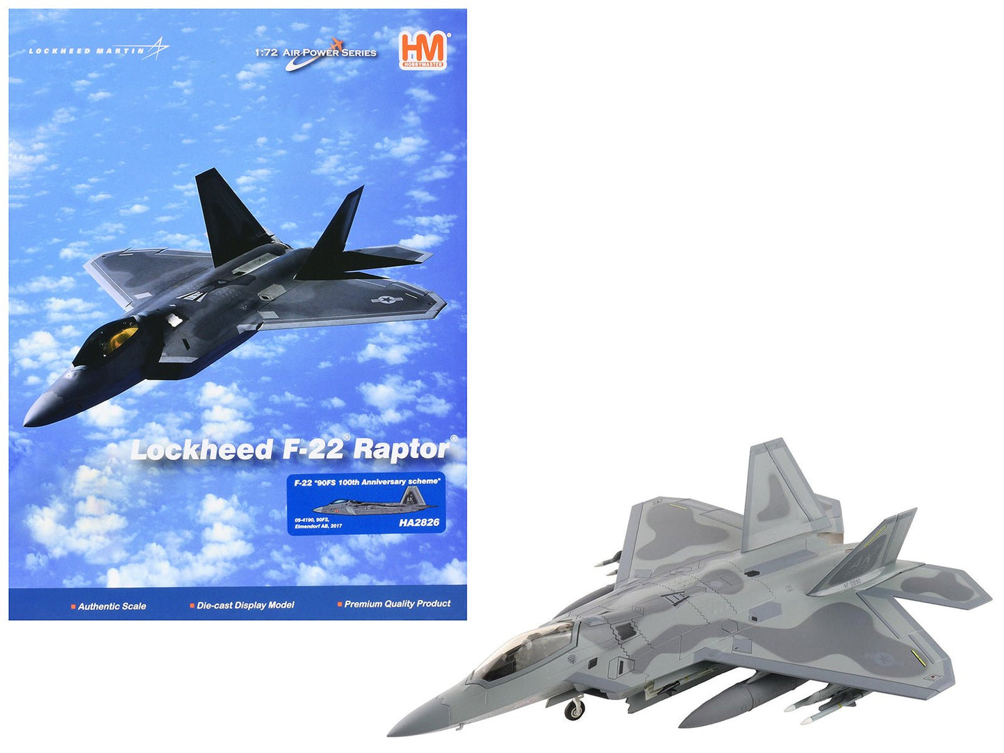 Lockheed F-22 Raptor Stealth Aircraft "09-4190 90th Fighter Squadron 100th Anniversary Elmendorf Air Base" (2017) United States Air Force "Air Power Series" 1/72 Diecast Model by Hobby Master free shipping USA
