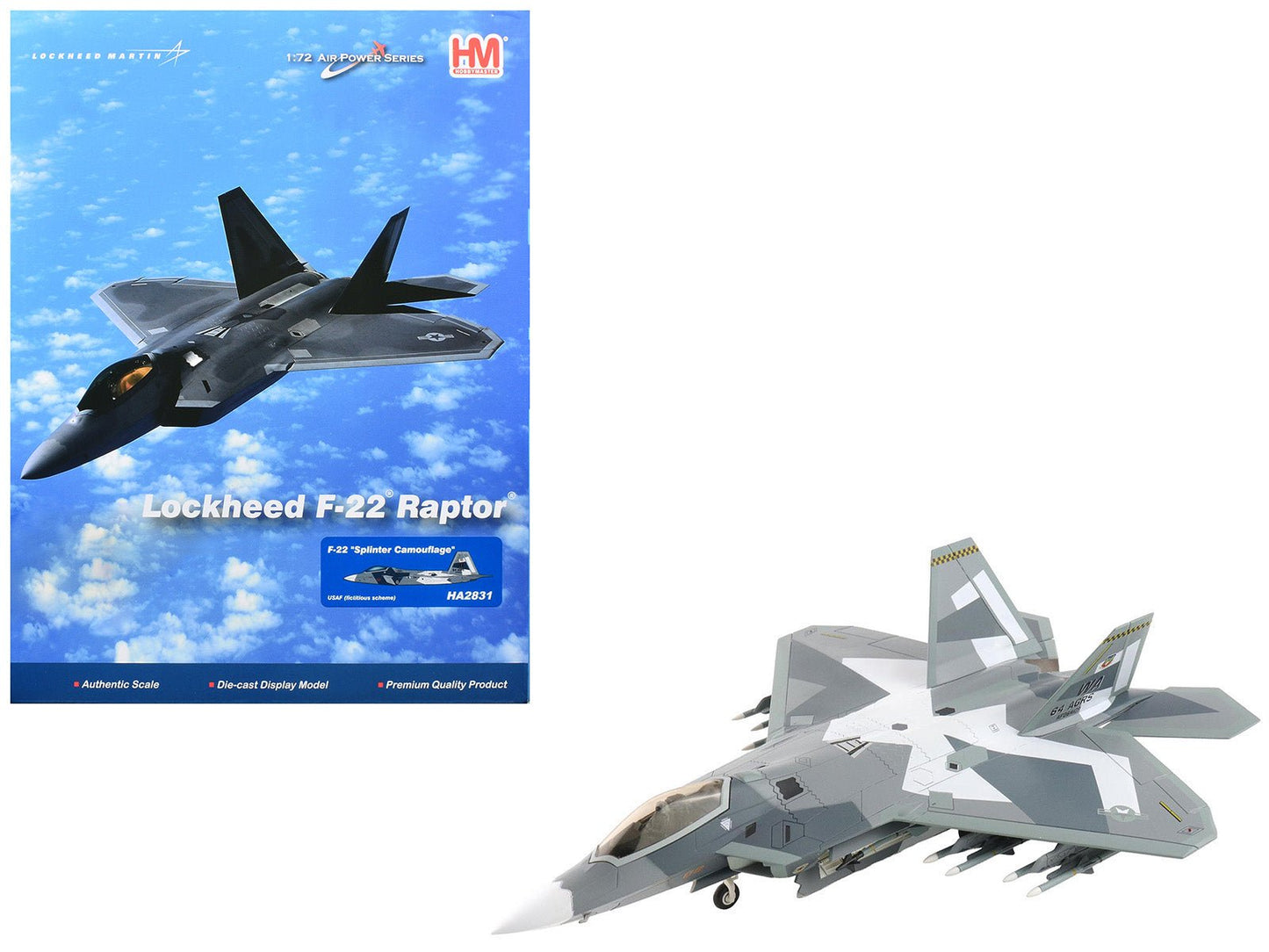 Lockheed F-22 Raptor Stealth Aircraft "Splinter Camouflage" United States Air Force "Air Power Series" 1/72 Diecast Model by Hobby Master free shipping USA