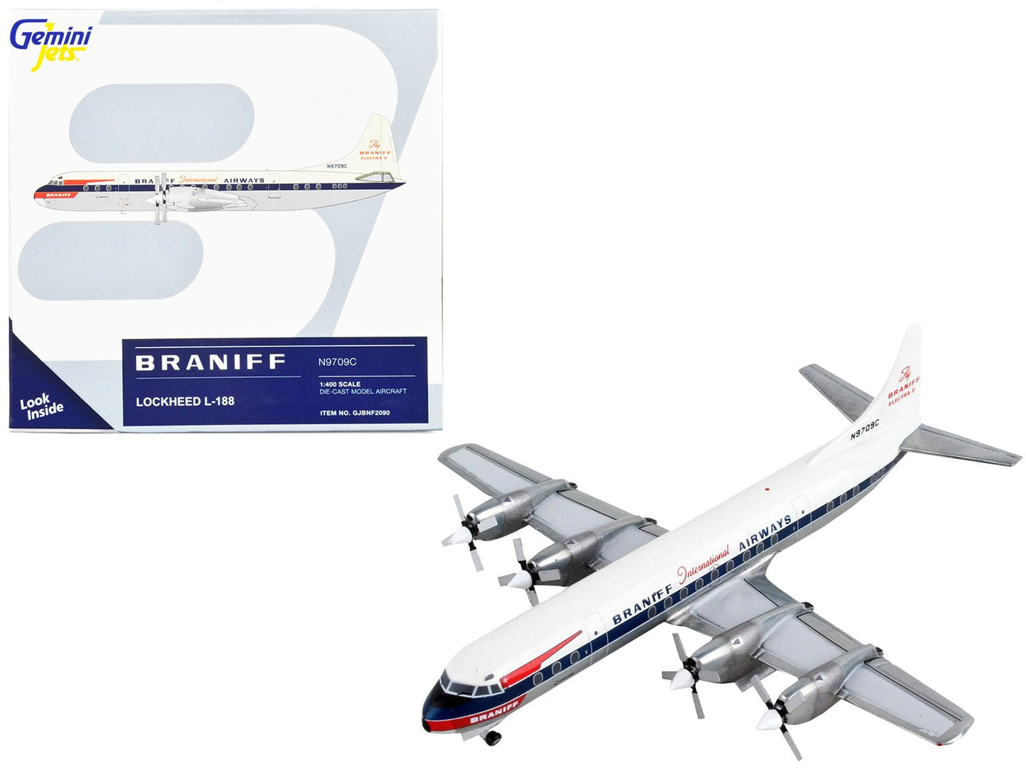 Lockheed L-188 Electra Commercial Aircraft "Braniff International Airways" White with Blue Stripes 1/400 Diecast Model Airplane by GeminiJets free shipping USA