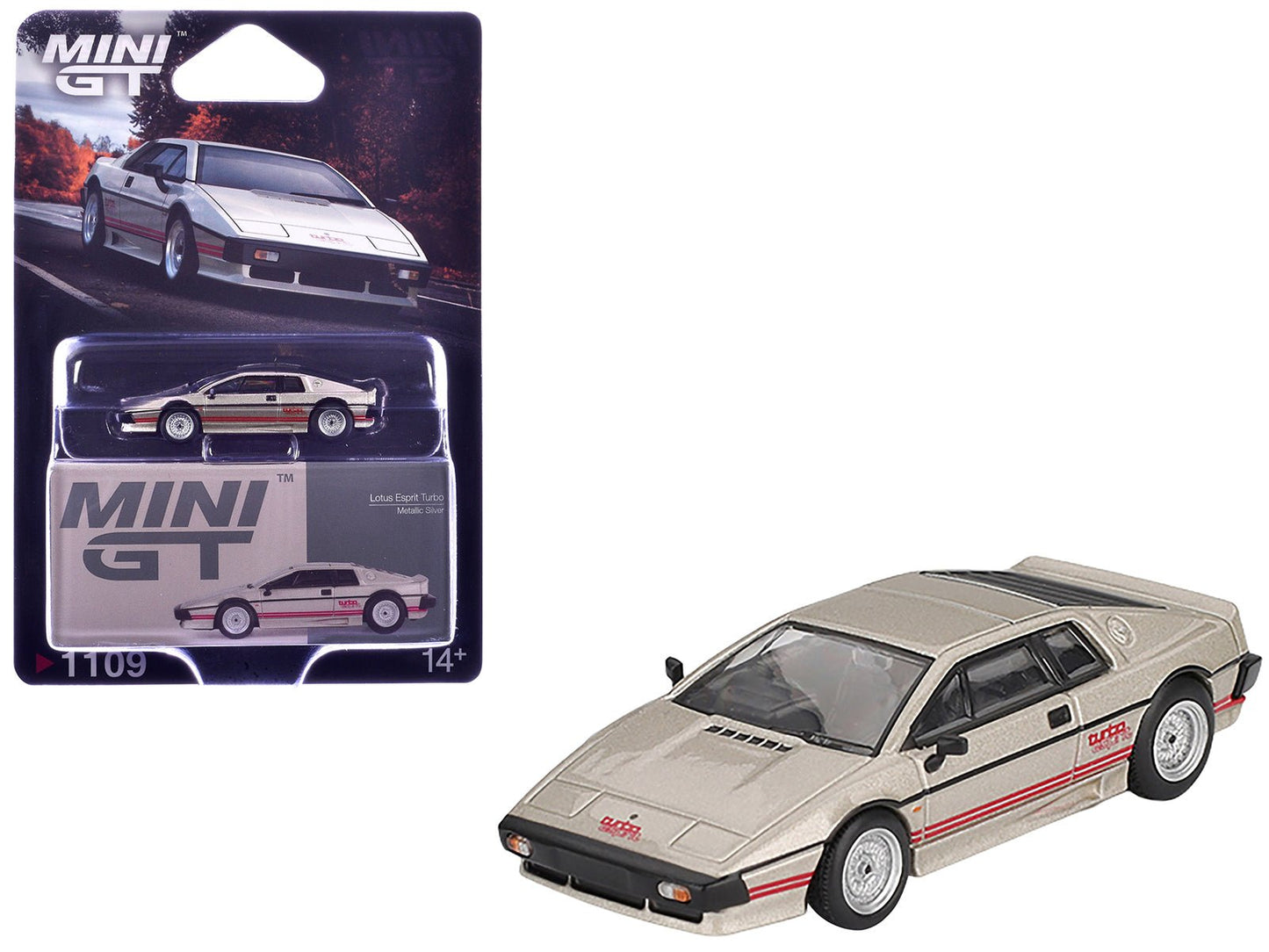 Lotus Esprit Turbo Silver Metallic with Red Stripes Limited Edition 1/64 Diecast Model Car by Mini GT free shipping USA