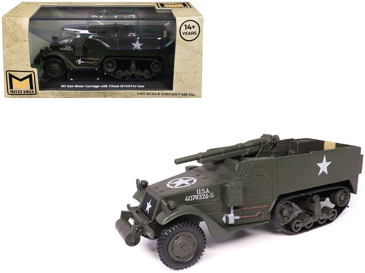 M3 Gun Motor Carriage with 75mm M1897A4 Gun Olive Drab "United States Army" 1/43 Diecast Model by Militaria Die Cast free shipping USA