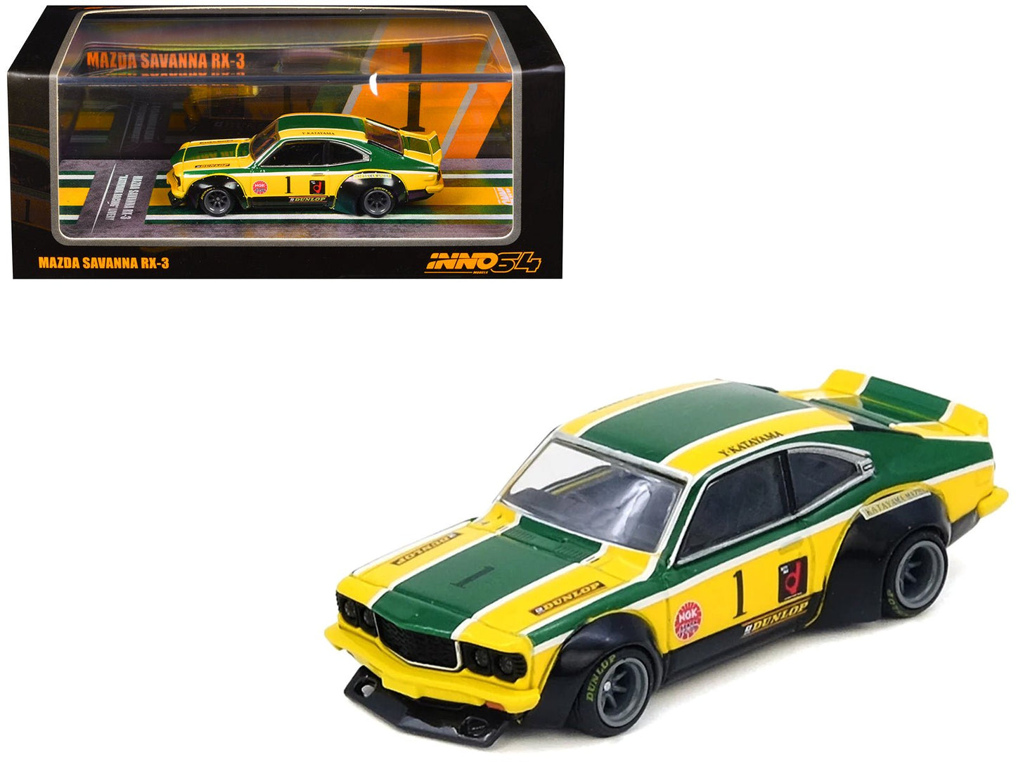 Mazda RX-3 Savanna RHD (Right Hand Drive) #1 "Katayama Racing Livery" Green and Yellow Striped 1/64 Diecast Model Car by Inno Models free shipping USA