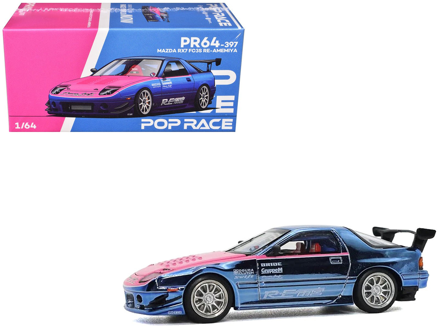 Mazda RX7 (FC3S) RE Amemiya RHD (Right Hand Drive) Blue Metallic with Pink Hood "Los Angeles Edition" 1/64 Diecast Model Car by Pop Race free shipping USA