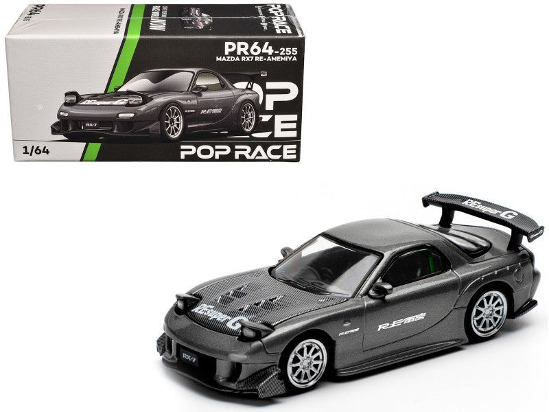 Mazda RX7 (FD) "RE Amemiya" Widebody RHD (Right Hand Drive) Gunmetal Gray Metallic with Carbon Hood 1/64 Diecast Model Car by Pop Race free shipping USA
