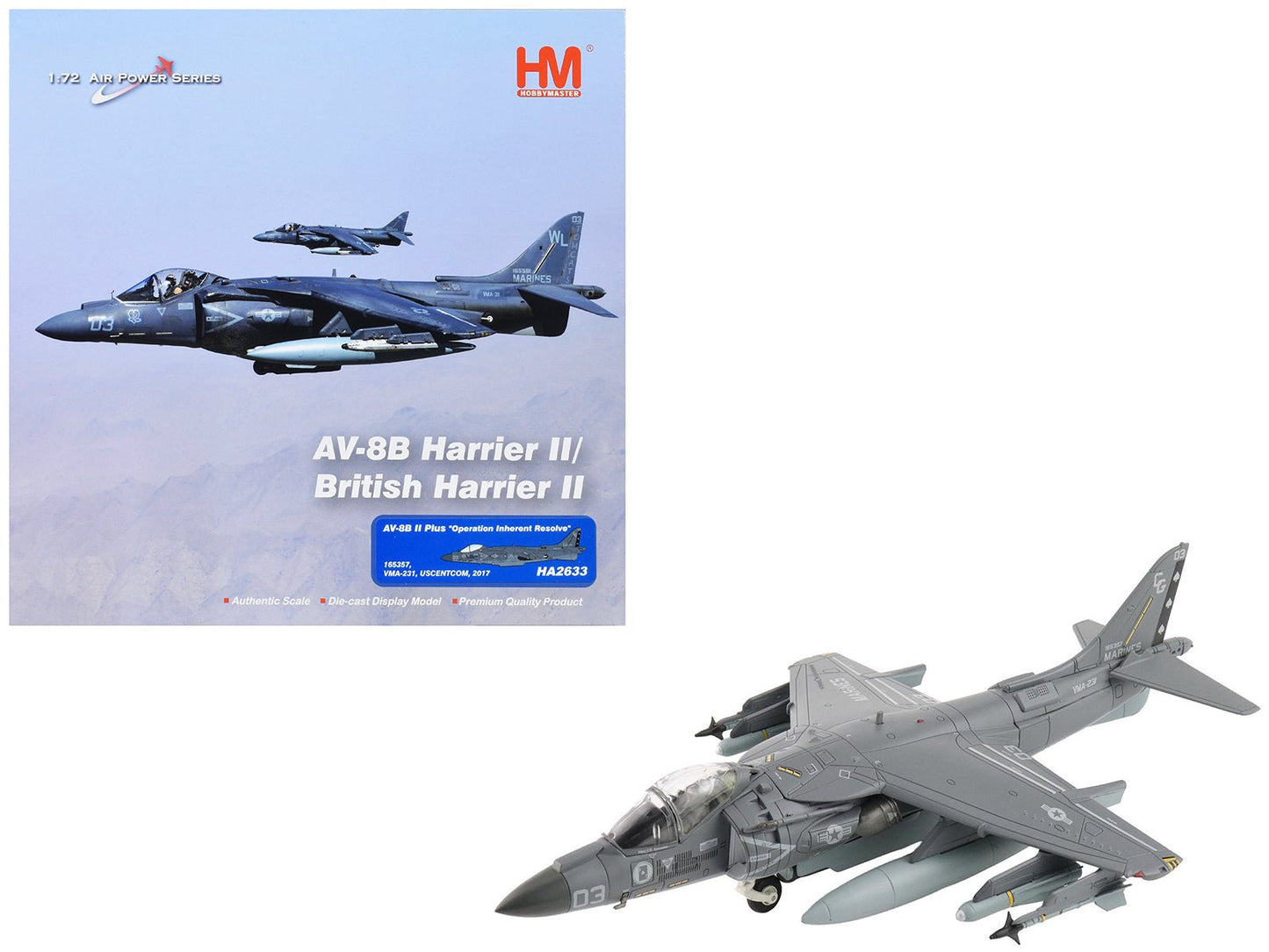 McDonnell Douglas AV-8B Plus Harrier II Aircraft "165357 VMA-231 Ace of Spades Operation Inherent Resolve USCENTCOM" (2017) United States Marine Corps "Air Power Series" 1/72 Diecast Model by Hobby Master free shipping USA
