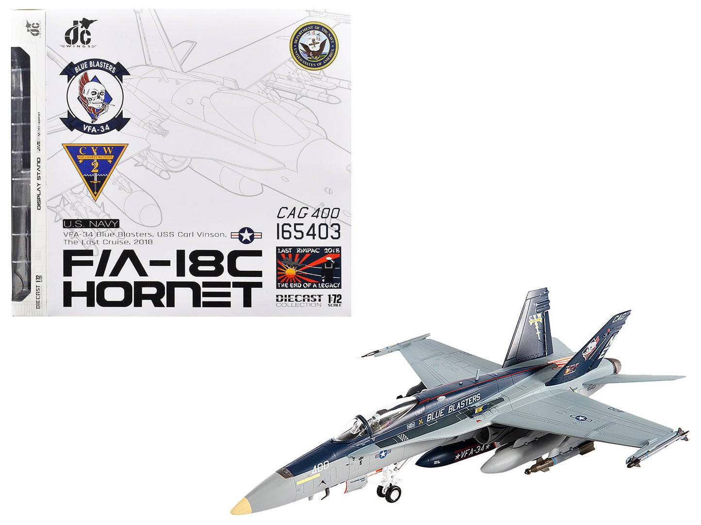 McDonnell Douglas F/A-18C Hornet Aircraft "VFA-34 Blue Blasters USS Carl Vinson Last Cruise" (2018) United States Navy 1/72 Diecast Model by JC Wings free shipping USA