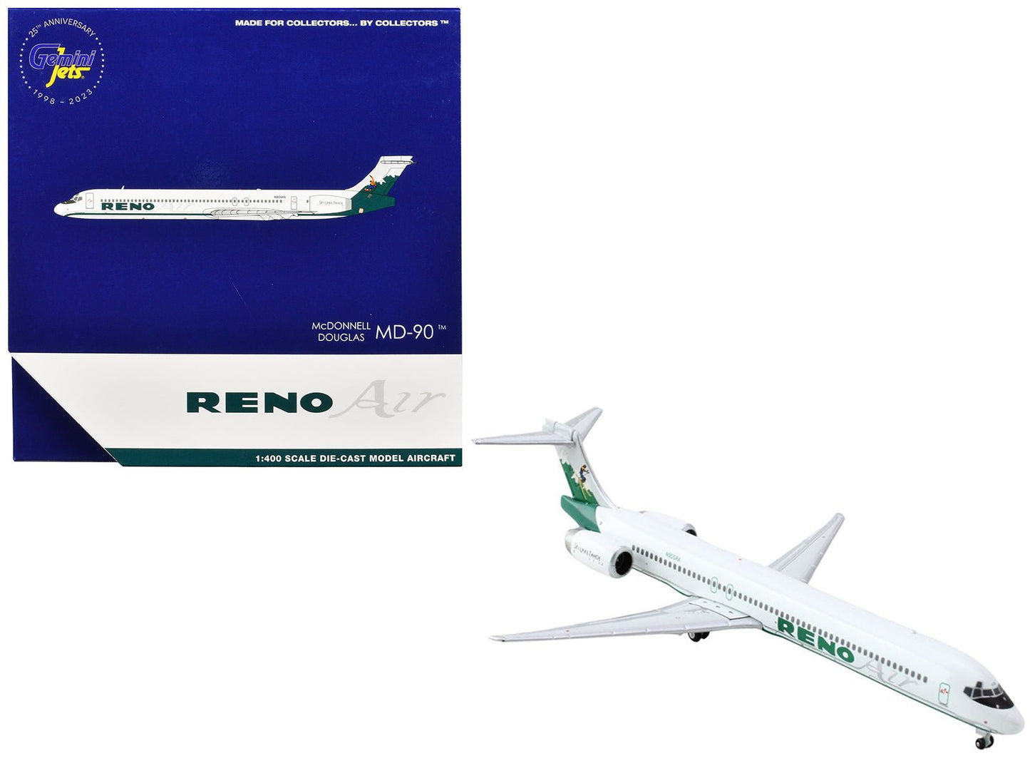 McDonnell Douglas MD-90 Commercial Aircraft "Reno Air" (N905RA) White with Green Tail 1/400 Diecast Model Airplane by GeminiJets free shipping USA