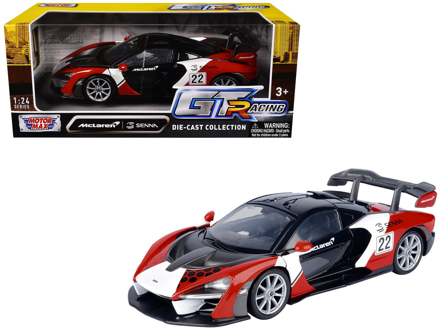 McLaren Senna #22 Black with Red and White Graphics "GT Racing" Series 1/24 Diecast Model Car by Motormax free shipping USA