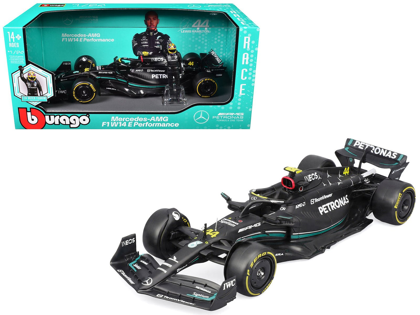 Mercedes-AMG F1 W14 E Performance #44 Lewis Hamilton "Petronas" Formula One F1 "World Championship" (2023) with Driver Figure "Race" Series 1/24 Diecast Model Car by Bburago free shipping USA