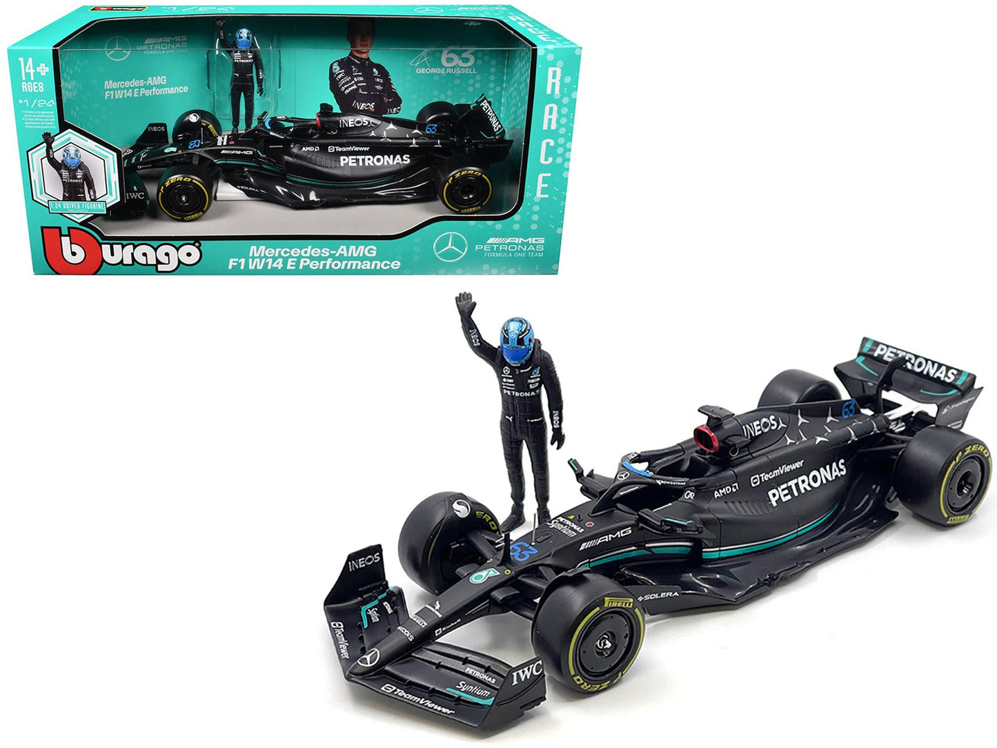 Mercedes-AMG W14 E Performance #63 George Russell "Petronas" Formula One F1 World Championship (2023) with Driver Figure 1/24 Diecast Model Car by Bburago free shipping USA