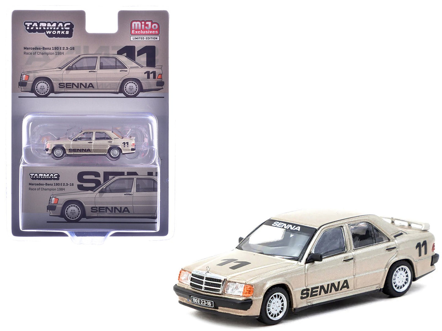 Mercedes-Benz 190 E 2.3-16 #11 Ayrton Senna Winner "Race of Champions" (1984) "Global64" Series 1/64 Diecast Model by Tarmac Works free shipping USA