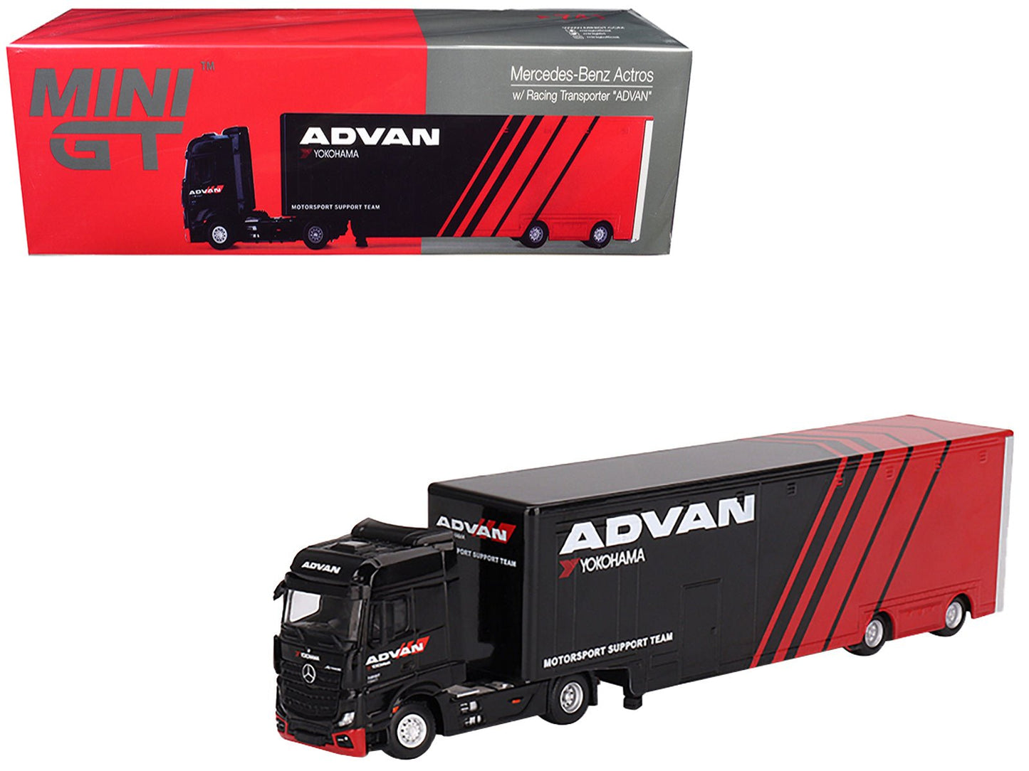 Mercedes-Benz Actros with Racing Transporter Red and Black "ADVAN" 1/64 Diecast Model Car by Mini GT free shipping USA