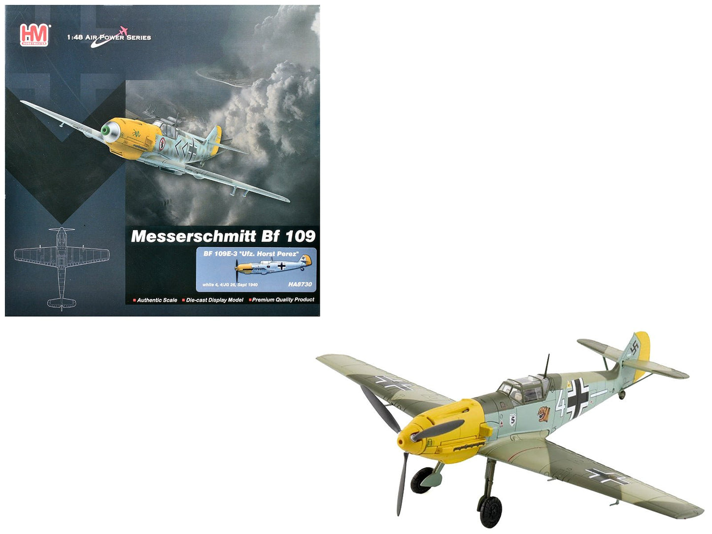 Messerschmitt Bf 109E-3 Fighter Aircraft "White 4 Unteroffizier Horst Perez 4/JG 26" (1940) German Luftwaffe "Air Power Series" 1/48 Diecast Model by Hobby Master free shipping USA