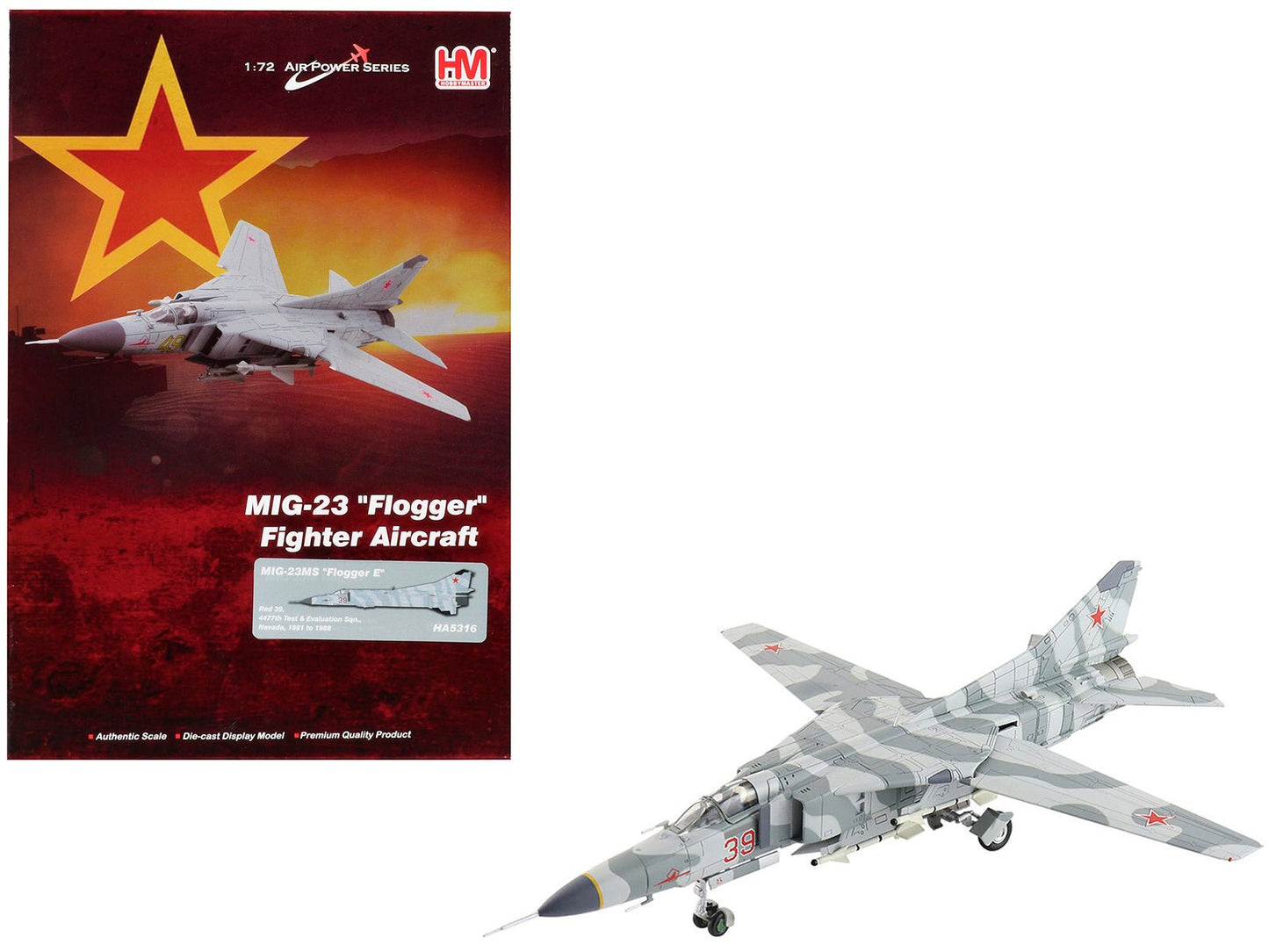 Mikoyan-Gurevich MiG-23MS Flogger-E Fighter Aircraft "4477th Test and Evaluation Squadron Red Eagles Nevada" (1981-88) United States Air Force "Air Power Series" 1/72 Diecast Model by Hobby Master free shipping USA