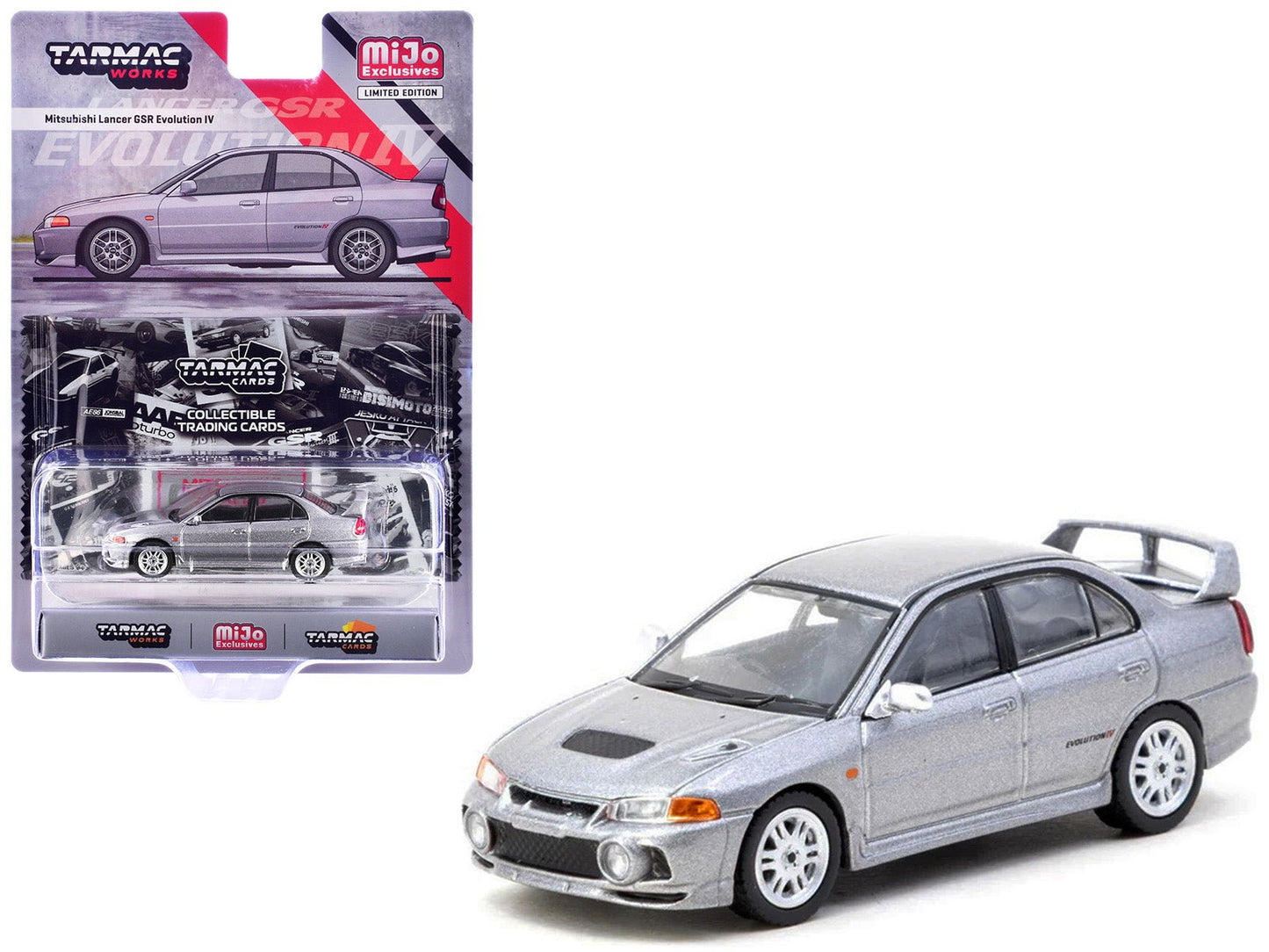 Mitsubishi Lancer Evolution IV Silver Metallic with Tarmac Cards "Global64" Series 1/64 Diecast Model by Tarmac Works free shipping USA