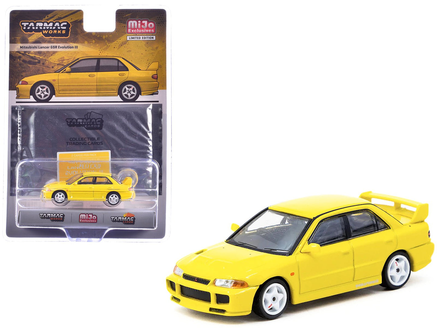 Mitsubishi Lancer GSR Evolution III RHD (Right Hand Drive) Yellow with Tarmac Cards "Global64" Series 1/64 Diecast Model by Tarmac Works free shipping USA