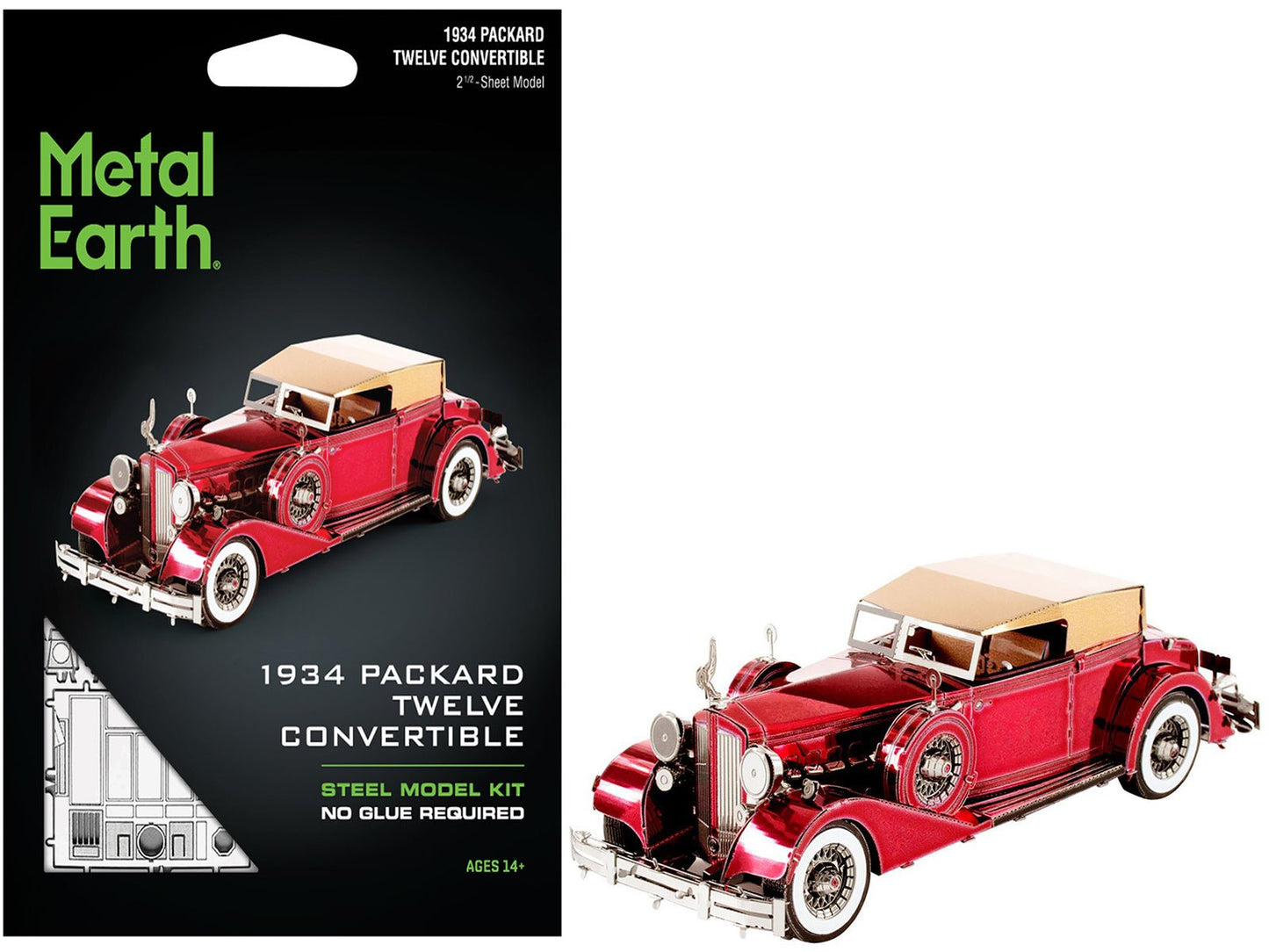 Model Kit 1934 Packard Twelve Convertible Red with Tan Soft Top (Moderate Difficulty) Steel Model by Metal Earth free shipping USA