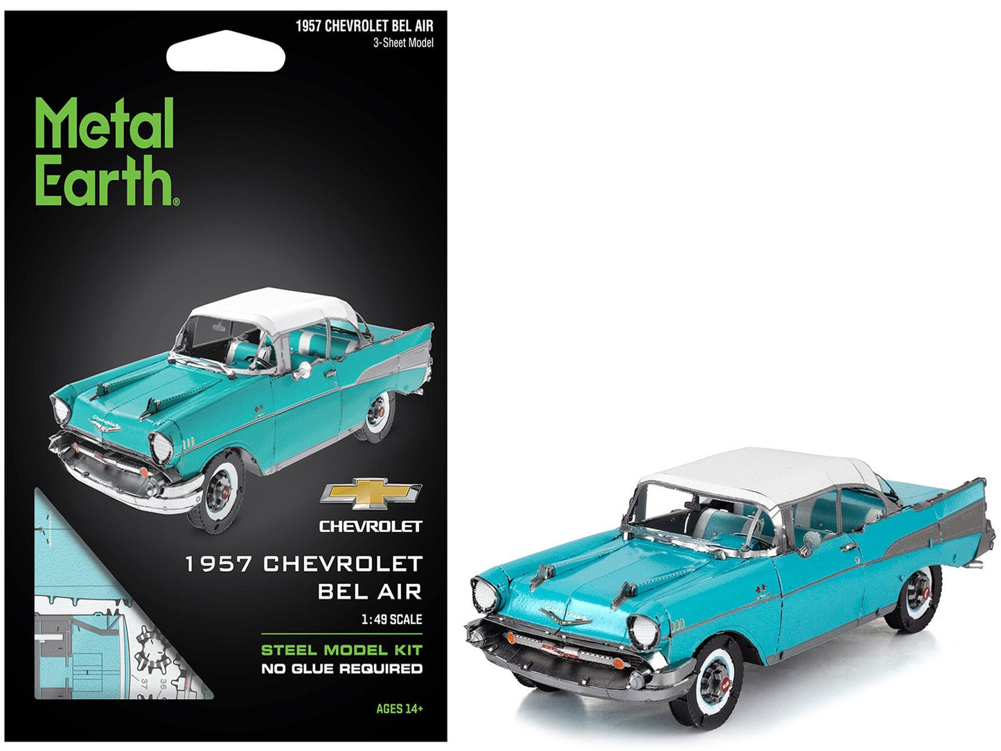 Model Kit 1957 Chevrolet Bel Air Turquoise with White Top (Challenging Difficulty) Steel Model by Metal Earth free shipping USA