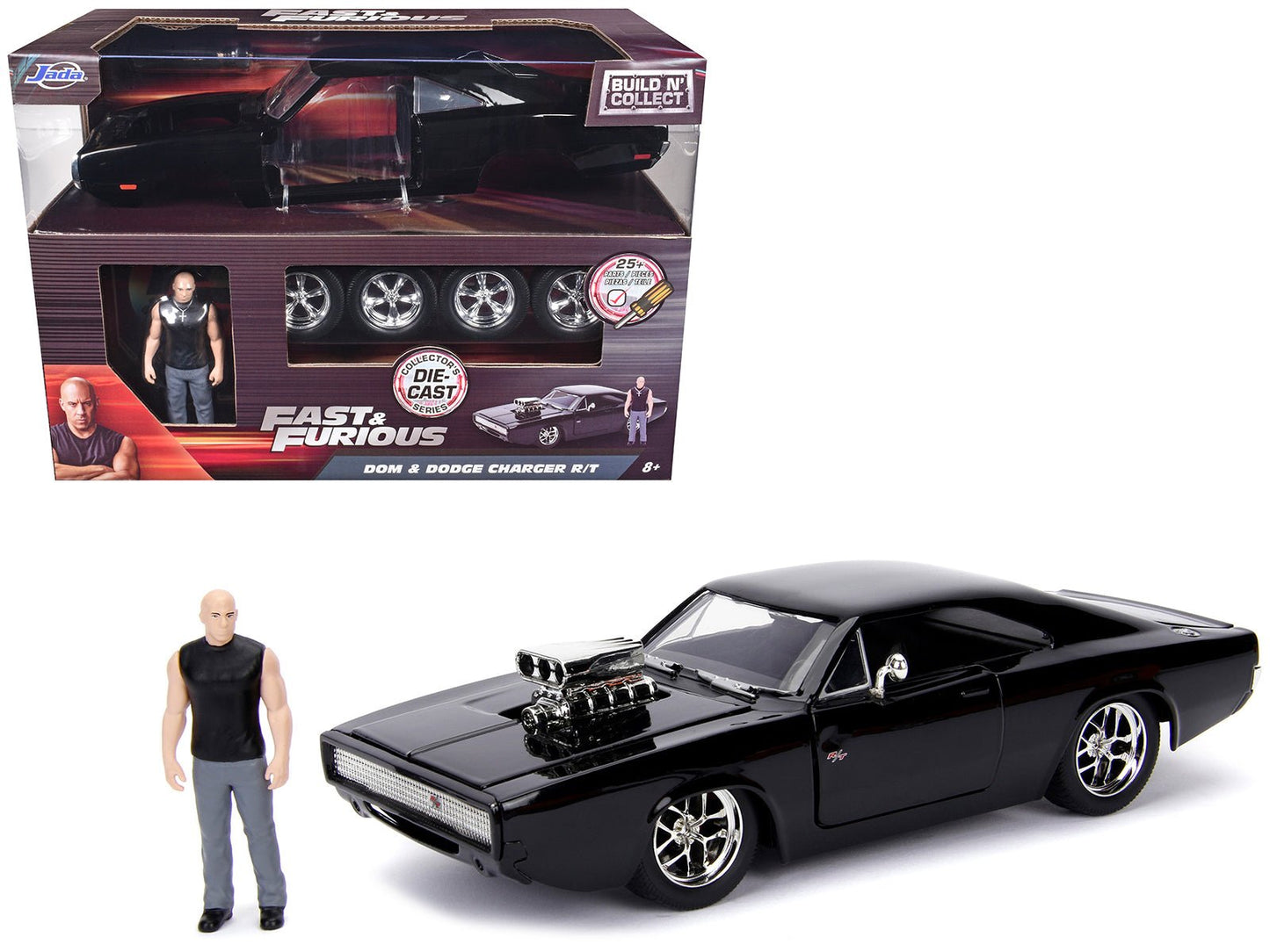 Model Kit Dodge Charger R/T Black and Dom Diecast Figure "Fast & Furious" Movie "Build N' Collect" Series 1/24 Diecast Model Car by Jada free shipping USA