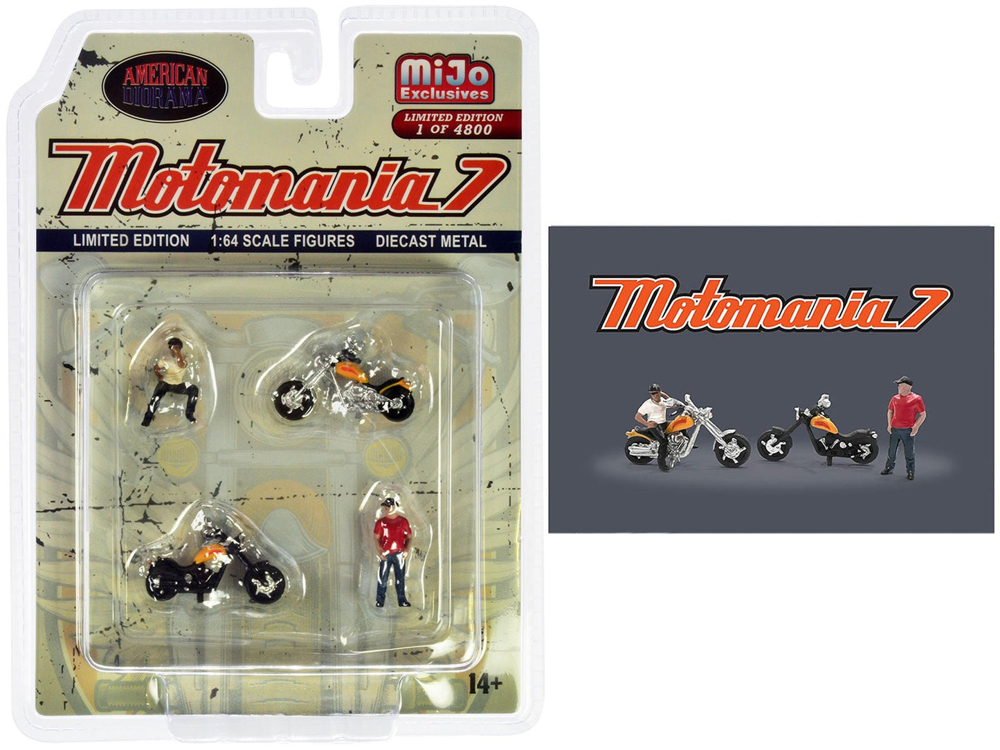 "Motomania 7" 4 piece Diecast Figure Set (2 Figures 2 Motorcycles) Limited Edition to 4800 pieces Worldwide for 1/64 scale models by American Diorama free shipping USA