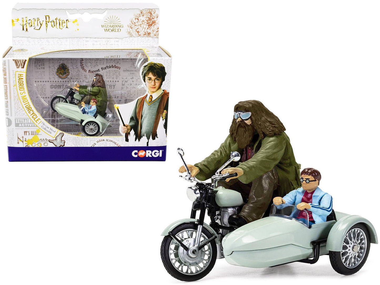 Motorcycle and Sidecar Light Green with Harry and Hagrid Figures "Harry Potter and the Deathly Hallows Part 1" (2010) Movie Diecast Motorcycle Model by Corgi free shipping USA