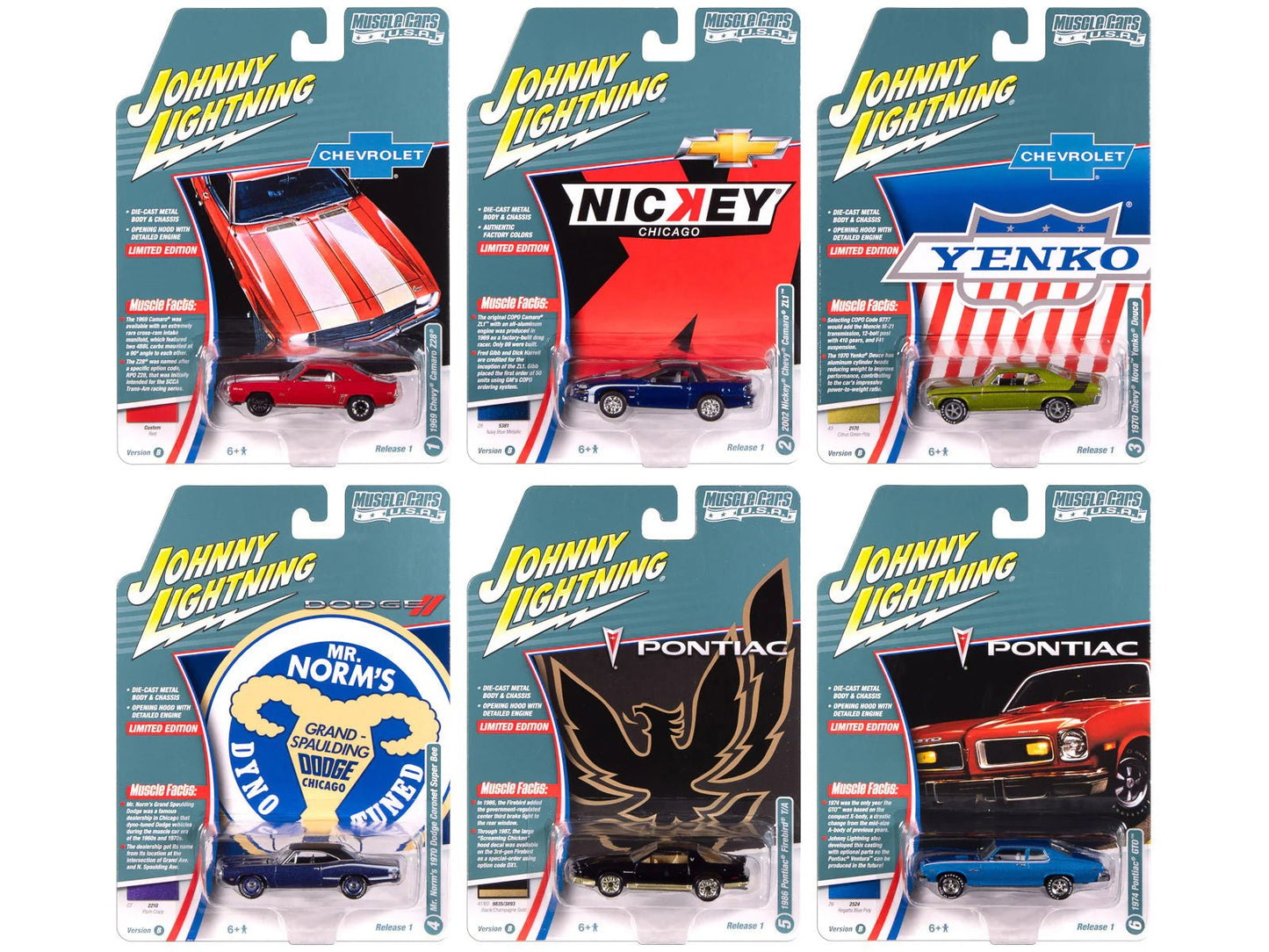 "Muscle Cars USA" 2025 Release 1 Set B of 6 pieces 1/64 Diecast Model Cars by Johnny Lightning free shipping USA
