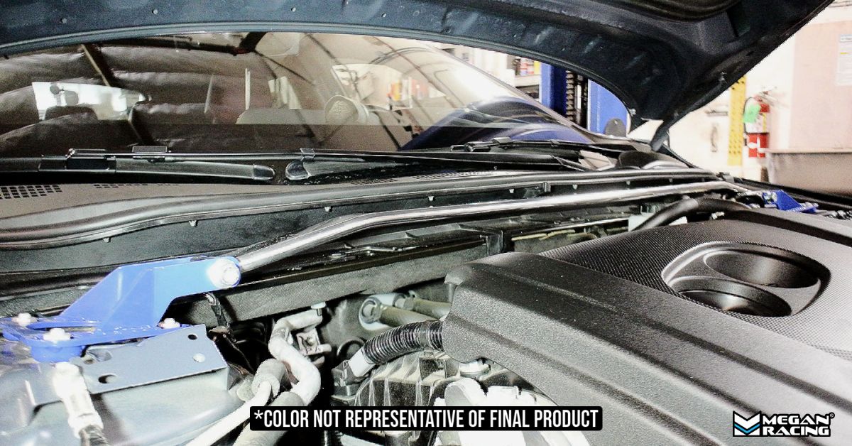 Megan Racing Front Upper Strut Bar for Mazda 3 2019+ - Polished Aluminum, Powder Coated Steel Base, 1-Year Warranty MR-SB-MM319FU-1P