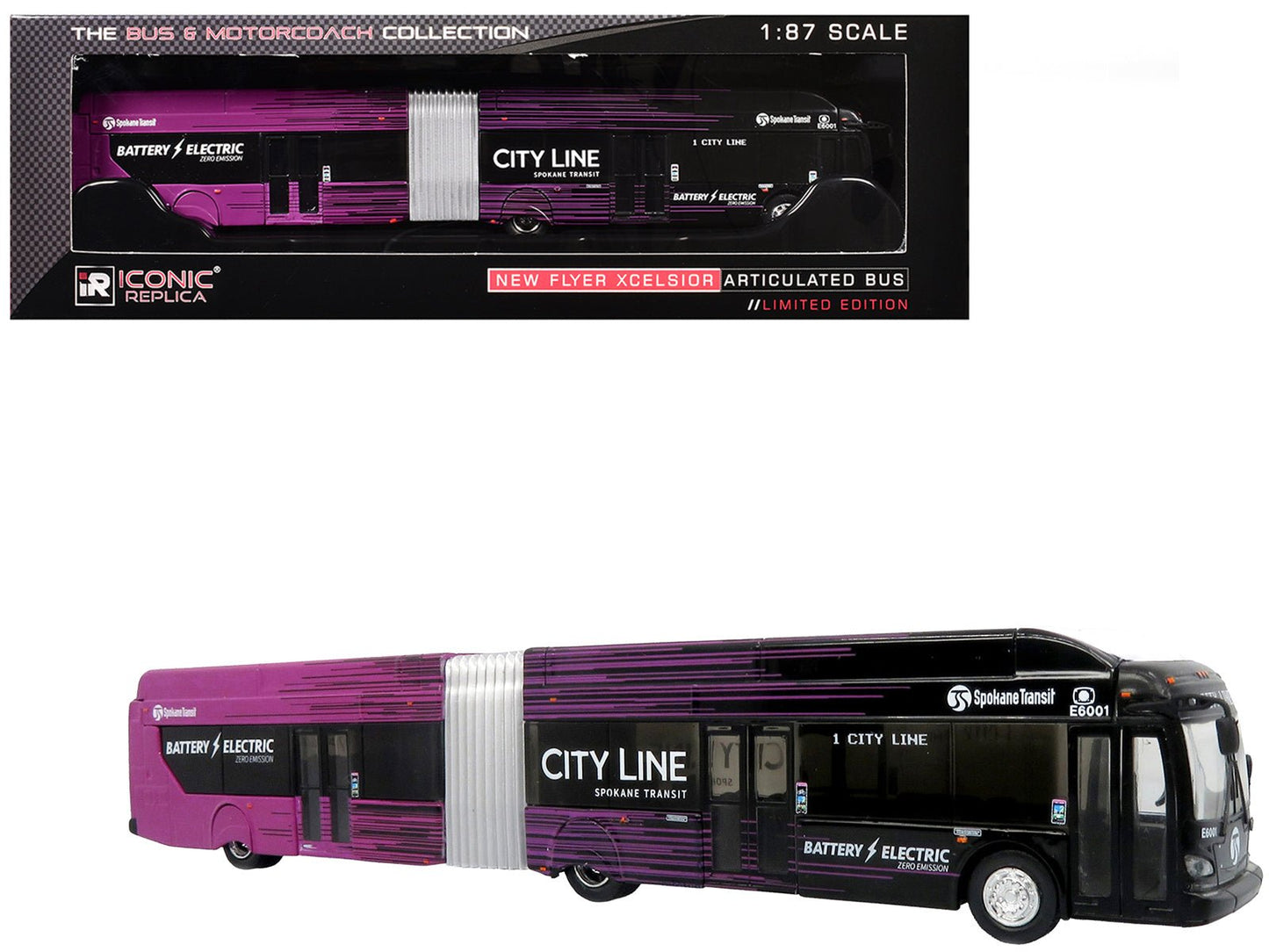 New Flyer Xcelsior XE60 Articulated Transit Bus "Spokane Transit City Line" Black and Purple "The Bus & Motorcoach Collection" Limited Edition 1/87 (HO) Diecast Model by Iconic Replicas free shipping USA