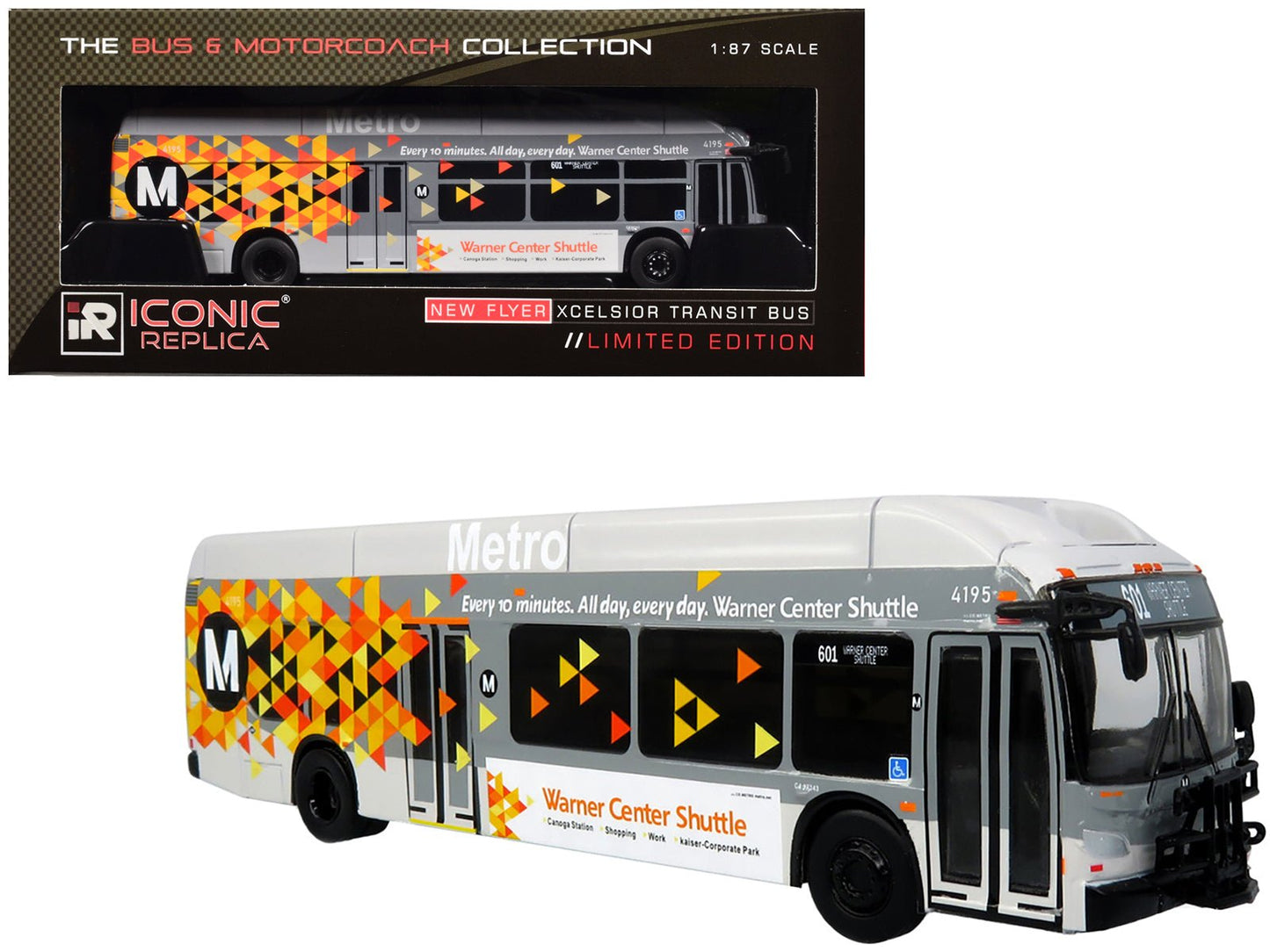 New Flyer Xcelsior XN40 Transit Bus "Los Angeles Metro - Warner Center Shuttle" Gray with Graphics "The Bus & Motorcoach Collection" Limited Edition 1/87 (HO) Diecast Model by Iconic Replicas free shipping USA