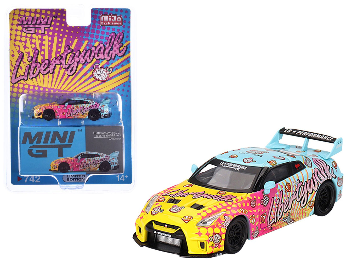 Nissan 35GT-RR Ver.1 "LB-Silhouette Works GT" Light Blue and Yellow with Graphics "LBWK KUMA" Limited Edition 1/64 Diecast Model Car by Mini GT free shipping USA