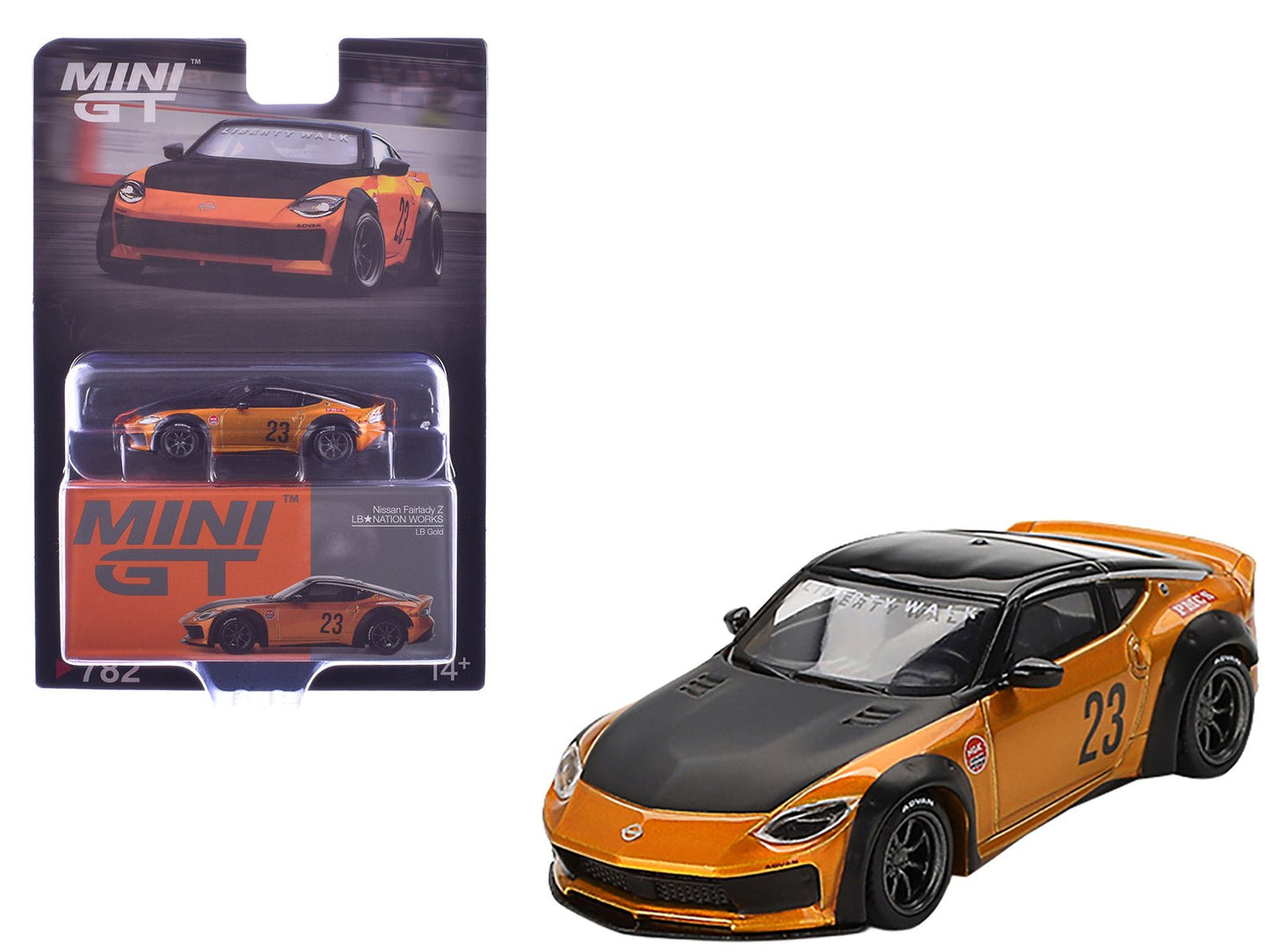 Nissan Fairlady Z #23 "LB-NATION WORKS" LB Gold Metallic with Matt Black Hood and Black Top Limited Edition 1/64 Diecast Model Car by Mini GT free shipping USA