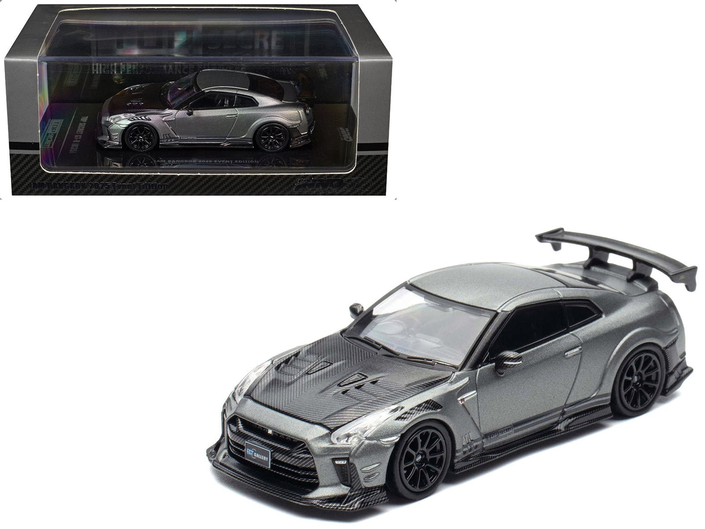 Nissan GT-R (R35) "Top Secret" RHD (Right Hand Drive) Gray Metallic with Carbon Hood "IAM Bangkok 2025 Event Edition" 1/64 Diecast Model Car by Inno Models free shipping USA
