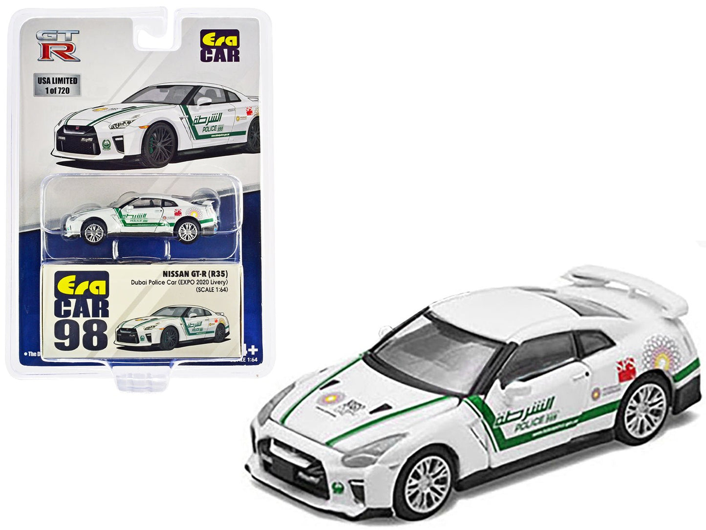 Nissan GT-R (R35) White Dubai Police "EXPO 2020" Livery Limited Edition to 720 pieces Worldwide 1/64 Diecast Model Car by Era Car free shipping USA