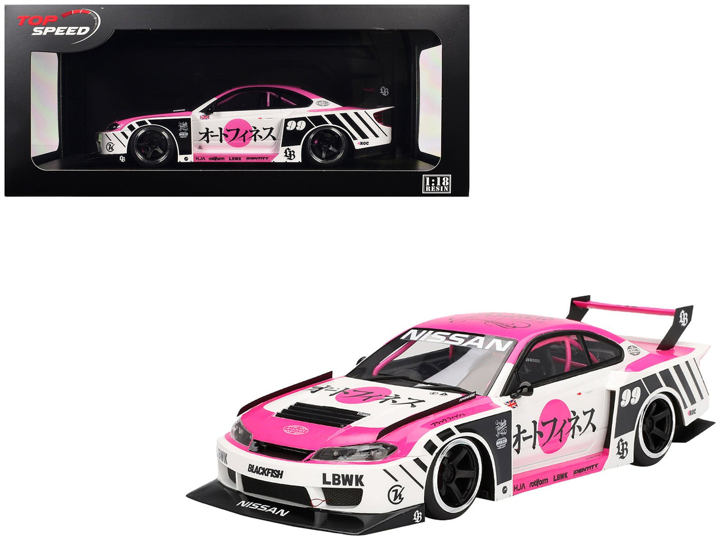 Nissan "LB-Super Silhouette" S15 SILVIA RHD (Right Hand Drive) #99 "Auto Finesse - SEMA 2023" White and Pink 1/18 Model Car by Top Speed free shipping USA