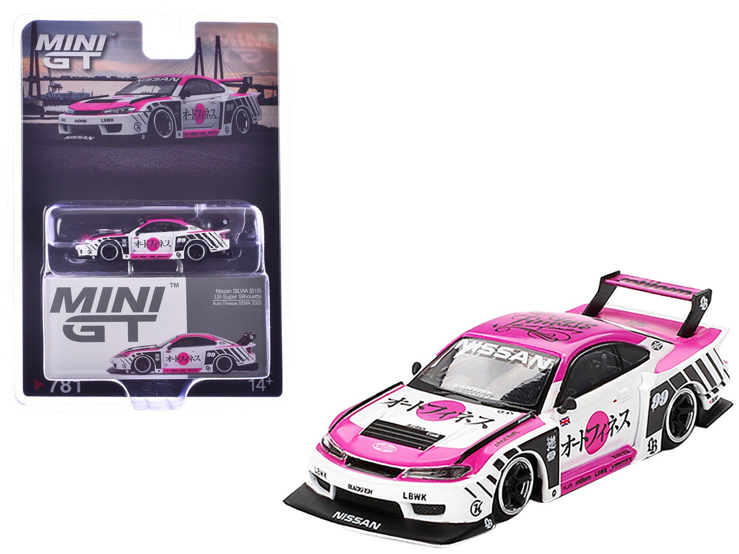 Nissan "LB-Super Silhouette" S15 SILVIA RHD (Right Hand Drive) #99 "Auto Finesse - SEMA 2023" White and Pink Limited Edition 1/64 Diecast Model Car by Mini GT free shipping USA