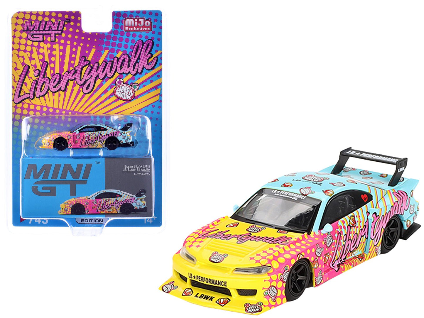 Nissan "LB-Super Silhouette" S15 SILVIA RHD (Right Hand Drive) Yellow and Blue with Pink Graphics "LBWK KUMA" Limited Edition 1/64 Diecast Model Car by Mini GT free shipping USA