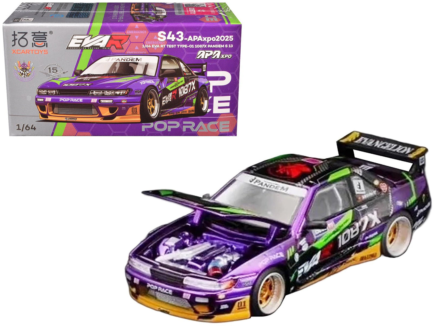 Nissan S13 1087X Pandem RHD (Right Hand Drive) "EVA RT Test Type-01" Purple Metallic with Graphics "APA XPO 2025 Exclusive" 1/64 Diecast Model Car by Pop Race free shipping USA