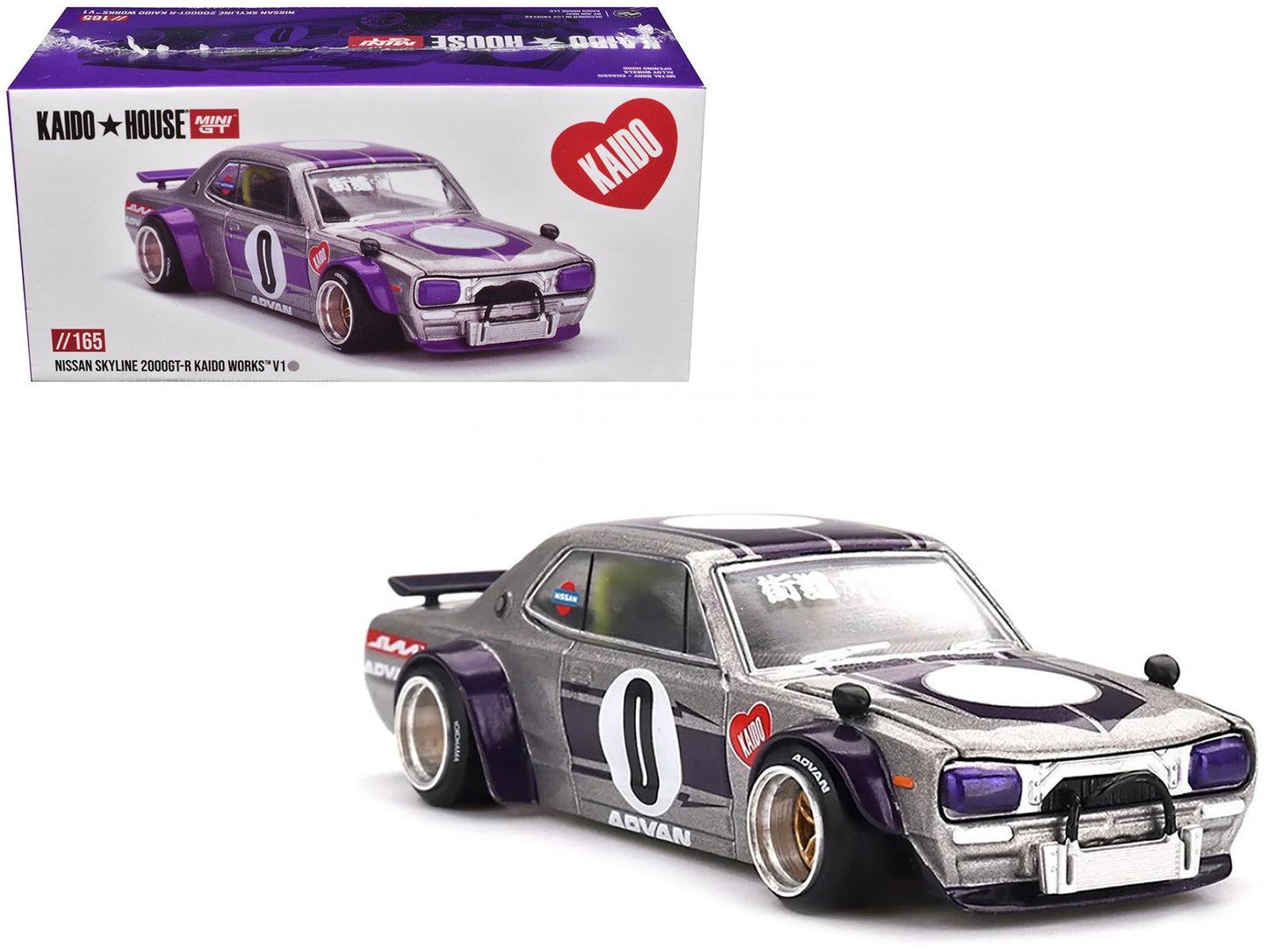 Nissan Skyline 2000GT-R (KPGC10) "Kaido Works V1" RHD (Right Hand Drive) #0 Silver Metallic with Purple Stripes (Designed by Jun Imai) "Kaido House" Special 1/64 Diecast Model Car by Mini GT free shipping USA
